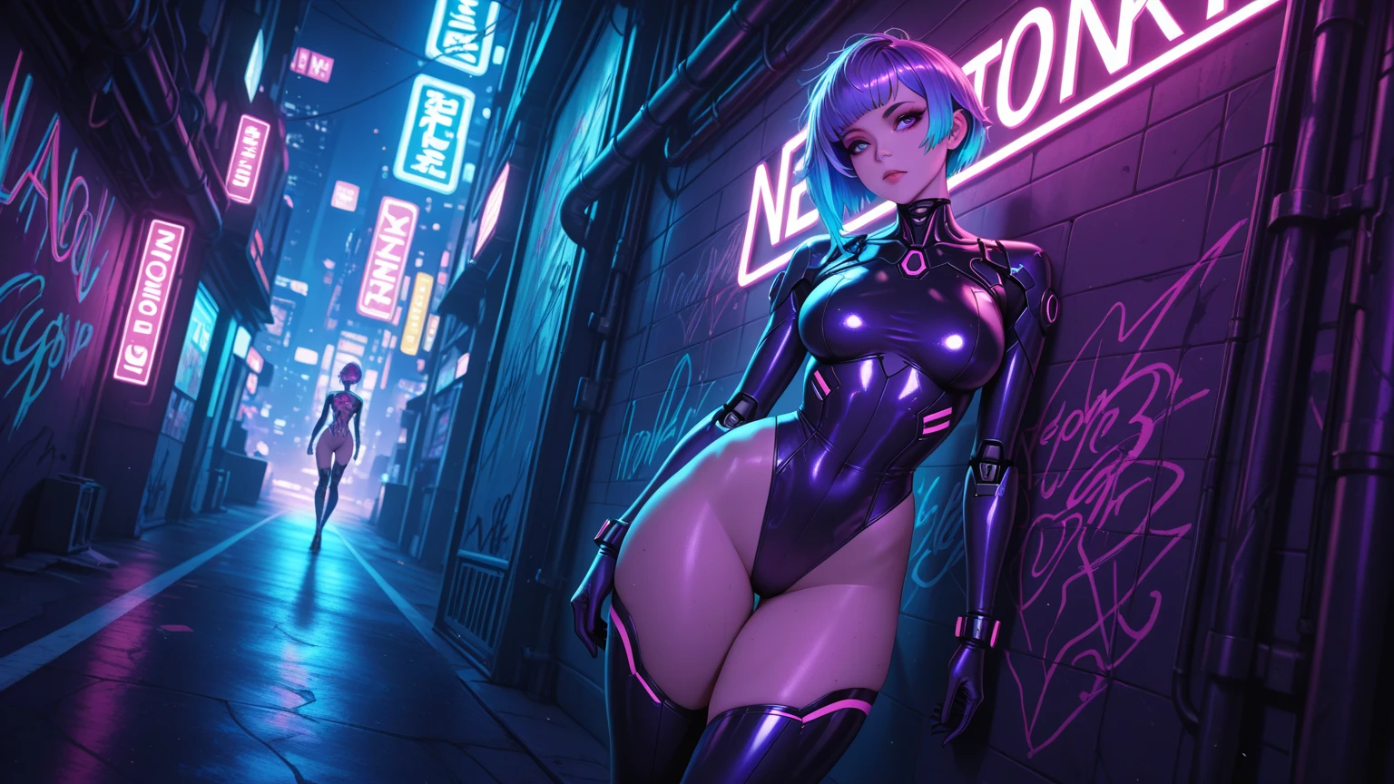 cute cartoon girl,(((1girl))),((extremely cute and beautiful liquid paint hair haired anime girl walking down the street)),
(large breasts:1.4),saggy breasts,short hair,(((liquid paint hair:1.1,neon purple hair|neon pink hair|neon blue hair|neon aqua hair|purple hair|fuchsia hair|fluorescent blue hair|amethyst hair|neon hair|bright pink hair :1.5,bright hair: 1.3,hair made of paint and defies gravity,thick flowing,paint splatter:1.3,shiny hair: 1.3,vibrant colored hair))),((heterochromia,eye1 purple,eye2 pink,upturned eyes:1.3,perfect eyes,beautiful detailed eyes,rainbow glows ultra-detailed deep pink purple eyes:1.1,gradient eyes:1,finely detailed beautiful eyes:1,symmetrical eyes:1,big highlight on eyes:1.2)),((fat)),(((lustrous skin:1.5,bright skin: 1.5,skin tanned,shiny skin,very shiny skin,shiny body,plastic glitter skin,exaggerated shiny skin))),(spider lower abdomen,narrow waist,wide hip,athletic body,inflated legs,delicate detailed fingers,detailed body,detailed arms,human hands,detailed hands),
cute,slutty,seductive,erotic,((((nsfw))))
(((liquid paint clothes,clothes made of liquid paint))),underboob,with liquid paint micro clothes,body paint, dripping paint,(detailed outfit,detailed clothes),liquid pain tiny thong,bare legs,
(dynamic pose:1.0),solo focus,embarrassed,centered,scale to fit dimensions,Rule of thirds,
outdoors,((night view)),(cyberpunk night street Background: 1.5,dark sky,alleyway,lonely alley,thick clouds,detailed background:1.25),
(best quality),(high resolution),(sharp focus),(ultra detailed),(extremely detailed),(extremely high quality artwork),8k_wallpaper,(extremely detailed CG 8k),(very fine 8K CG),((hyper super ultra detailed perfect piece)),flawless,(((masterpiece))),illustration,vibrant colors,(intricate),High contrast,Selective lighting,Double exposure,HDR (High Dynamic Range),Post-processing,Background blur,