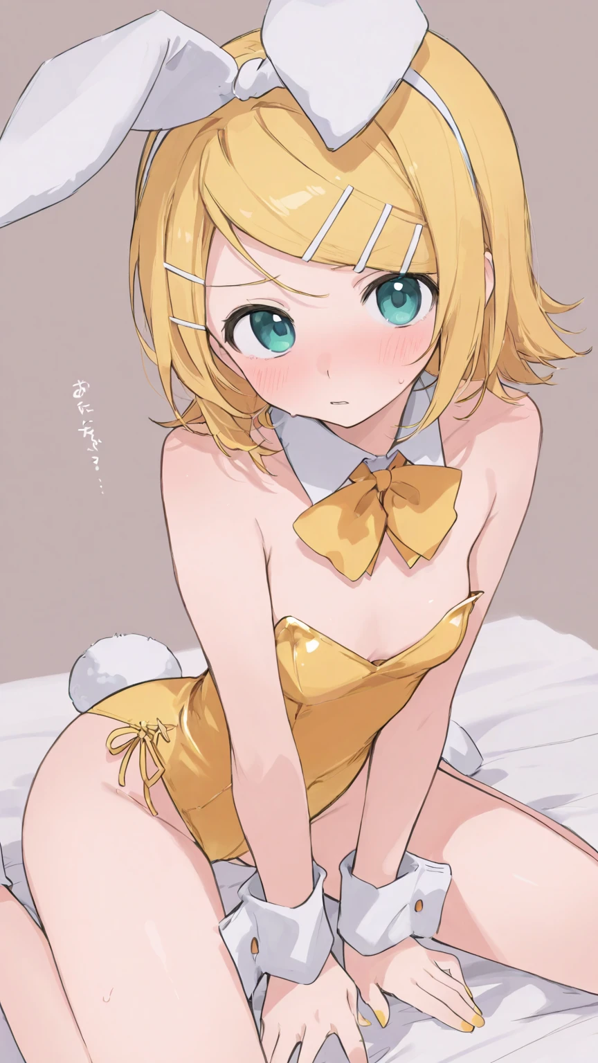 Highest image quality,masterpiece,orgasm,green eyes,open mouth,flat chest,yellow hair,short bob,((Top of the head,Large light blue ribbon)),star-shaped hair ornament,Chibi ,nude,put your finger in your crotch
