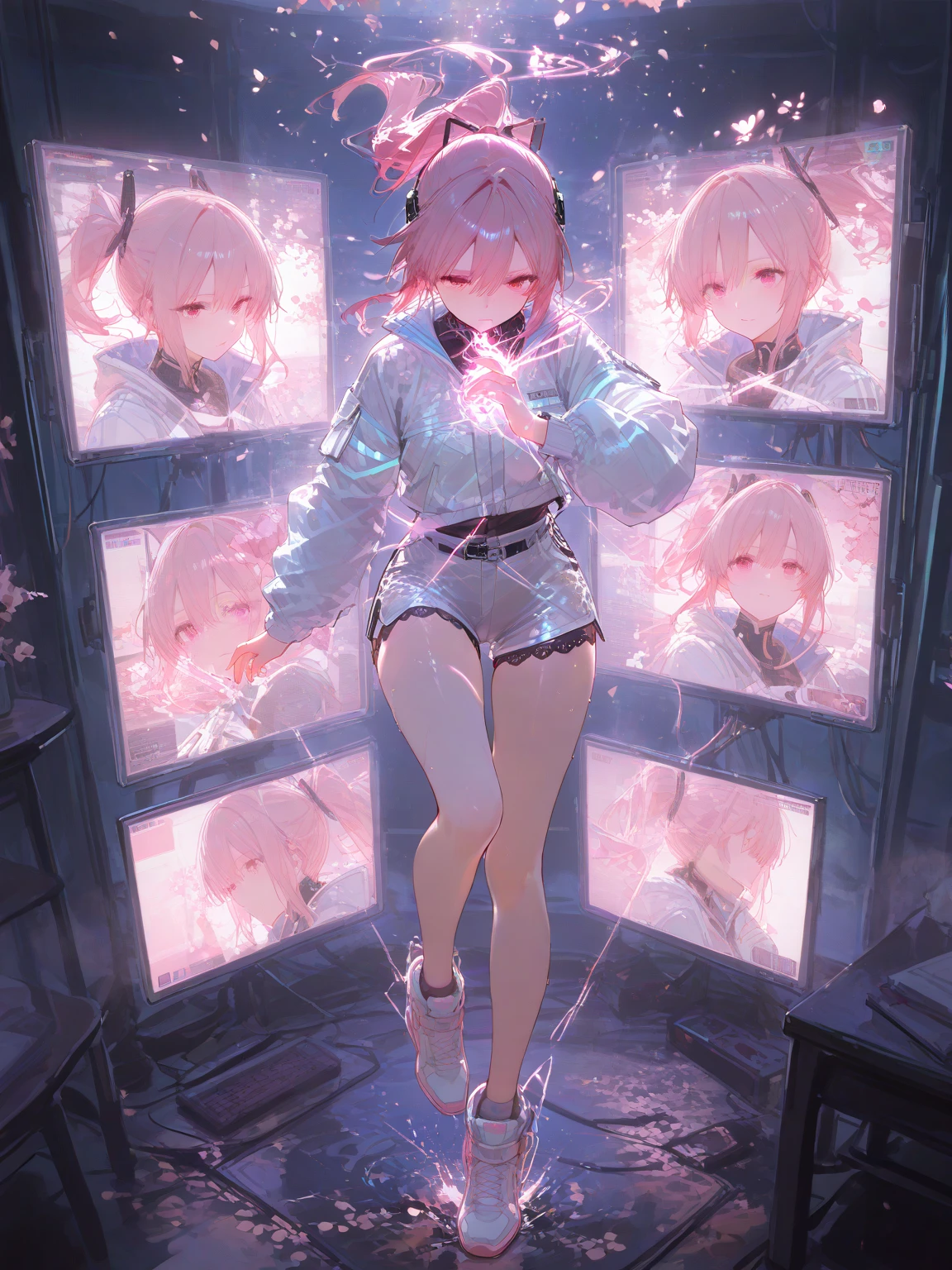 best quality, masterpiece, illustration by yohan, simple_background, ominous shadow, silhouette, see-through silhouette, masterpiece, best quality,1girl, pink hair, short hair, messy hair, blue eyes, thick thighs, wide_hips, narrow waist, medium breasts, kneeling, red lingerie, pink panties, cel shading, night sky,dim_lighting, floating hair, looking at viewer, head tilt, very light seductive smirk, facing the viewer, masterpiece, best quality, painting \(medium\), HQ, detail skin, graphite \(medium\), dslr, high quality, <lora:MashKyrielightXL:0.75> mash kyrielight,hair over one eye, <lora:reikoXL128dim-000101:1.0>