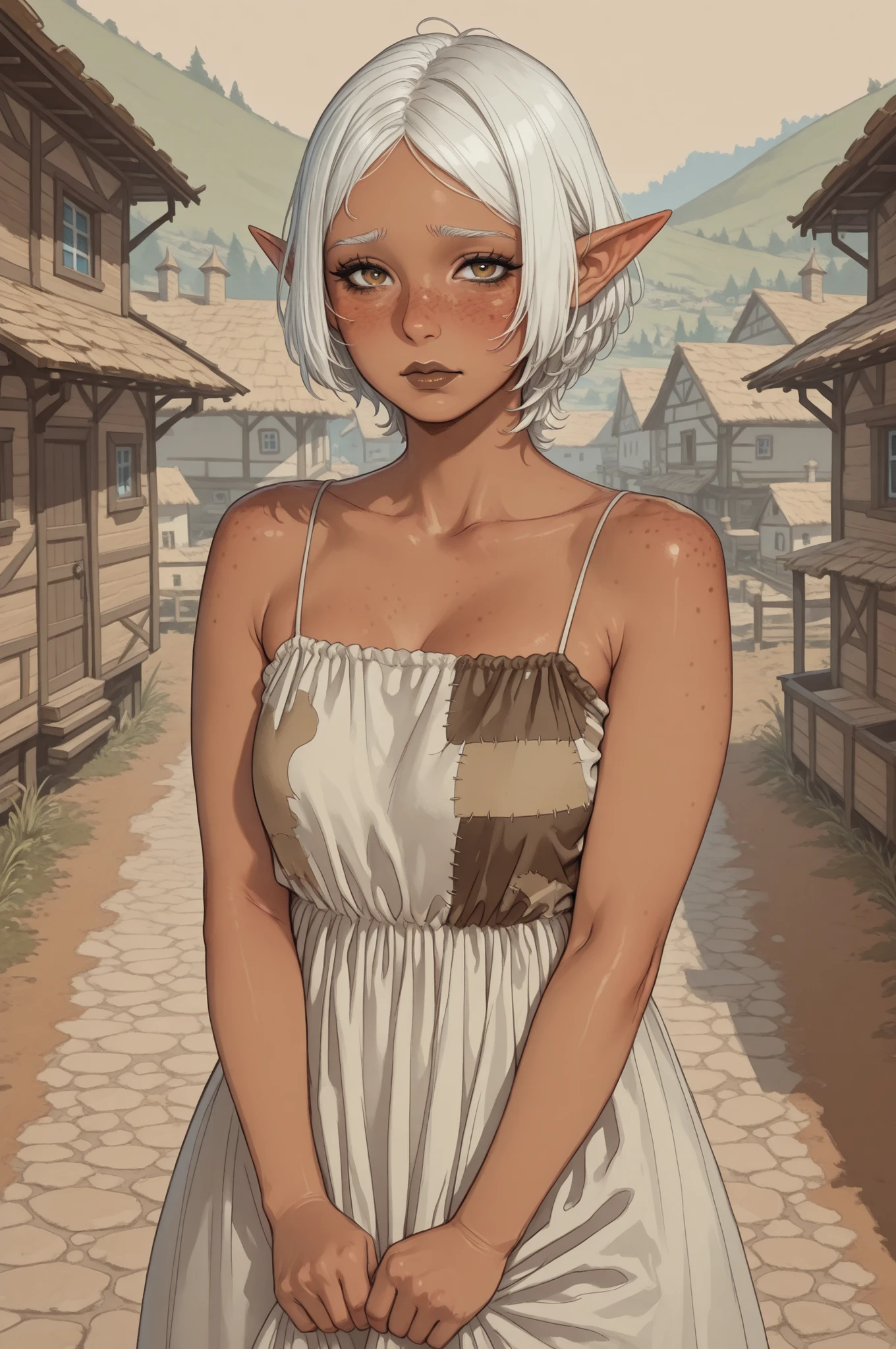 1 girl, short cut white hair, partered bangs, mullet, elf ears, dark skin, freckles, brown lips, voluptuous, patch dress, hands on the hem of the dress, village background, look at viewer, shy, looking from above 