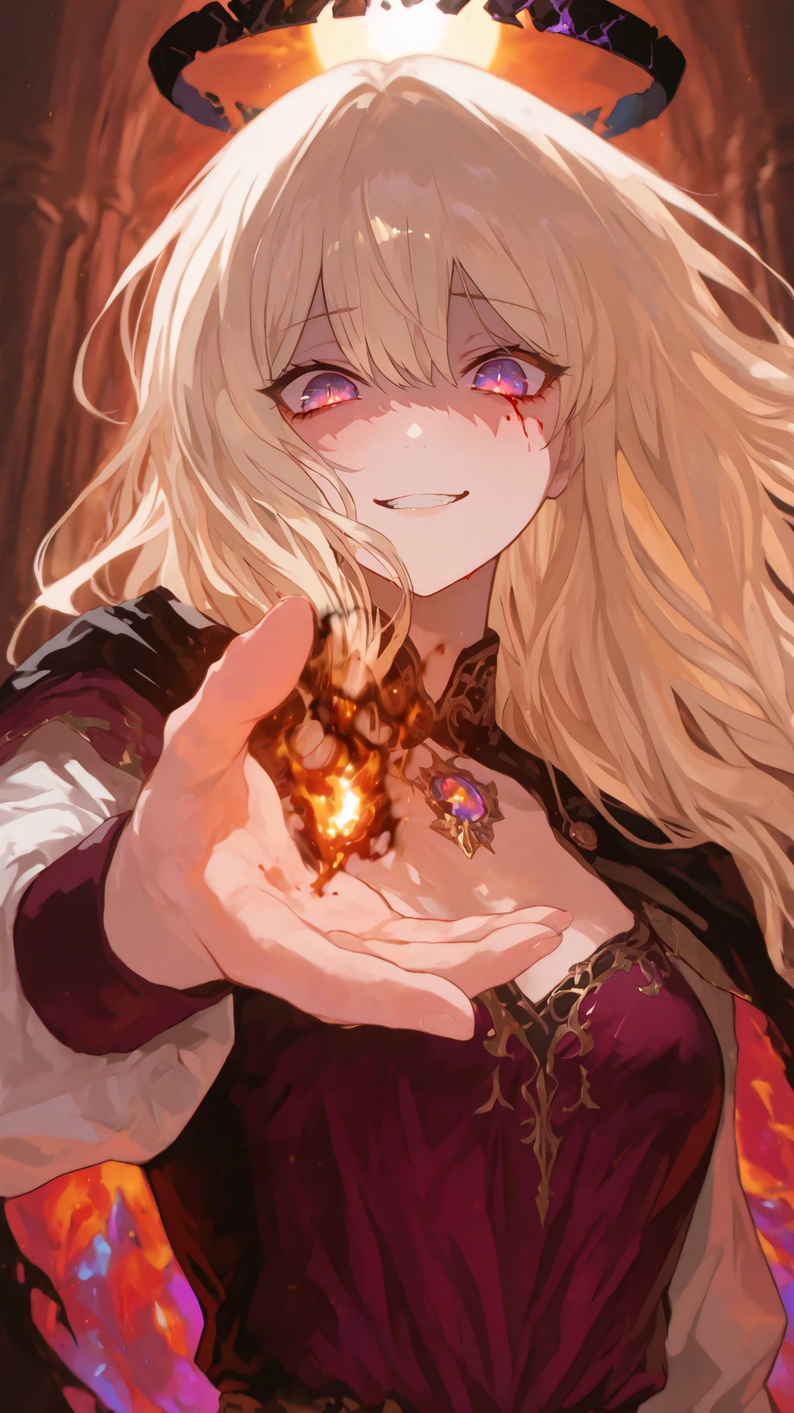 calm flames, Wings, glowing wings,(face focus, cowboy shot:1.22), dynamic pose, three quarter shot, mature, adult woman, hair across face, fierce, sharp contours, (1girl:0.75), solo, , masterpiece, best quality, amazing quality, very aesthetic, high resolution, ultra-detailed, (soft shading, soft shadows, volumetric light:1.14), dramatic lighting, absurdres, backlighting, sun, blonde hair, soft smile,tsurime, multicolored eyes, purple eyes, cosmic eyes, small breasts, extending hand, simple french dress, golden laurel, flowing hair, jeweld eyes, smirk, head tilt, halo, broken halo, dark halo, bleeding eyes, burning cape, capelet, french clothes, black flames, yandere, gesugao, crazy smile,