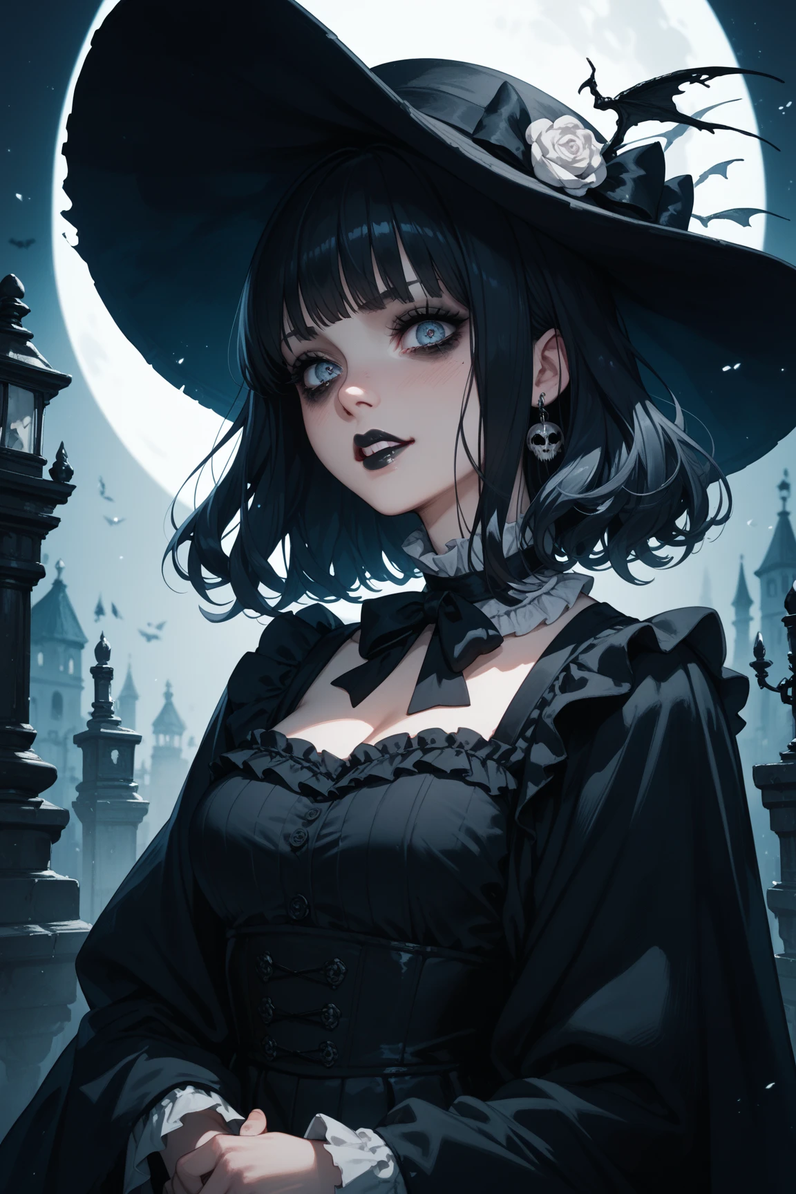 a cute dark-haired witch girl, detailed glowing magic circle on the floor:1.3, extremely detailed witch hat, mischievous smile, wareing extremely detailed (((black trench coat))):1.5, realistic, detailed, high resolution, cinematic lighting, dramatic angles, dark fantasy, moody colors, dramatic shadows, mysterious atmosphere, highest quality, intricate details, photorealistic, 8k, masterpiece:1.2, view from above