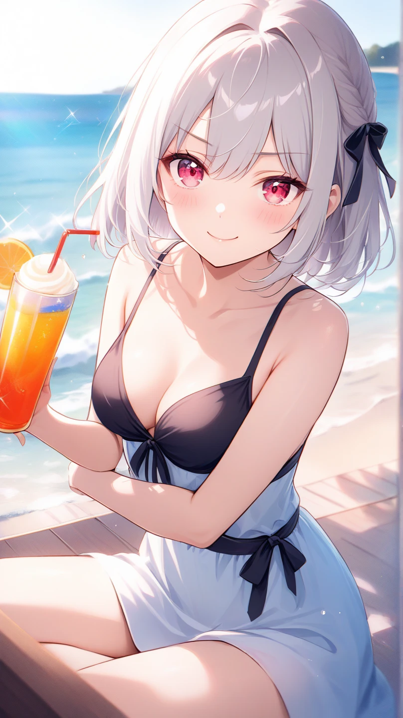 (masterpiece), best quality, highest quality, extremely detailed CG unity 8k wallpaper, detailed and intricate, original,highres, \\
1girl, youen,(23yo),mature female,solo,full body,white short hair,light smile, detailed pink eyes,sitting,looking_at_viewer,large breasts,covered breasts,\\
((long-sleeved)),white top,white_boots,(hat),((shorts)), \\
shore, pier, arm support, day, lighthouse, outdoors, sand, sky, remote mountain, cloud, ship, \\
beautifully detailed background,ocean, horizon, beach, beautifully detailed water, waves, watercraft, boat,\\
depth of field,loli:0.1,realistic:1.3, (ambient light:1.3),(HDR:1),Accent Lighting,