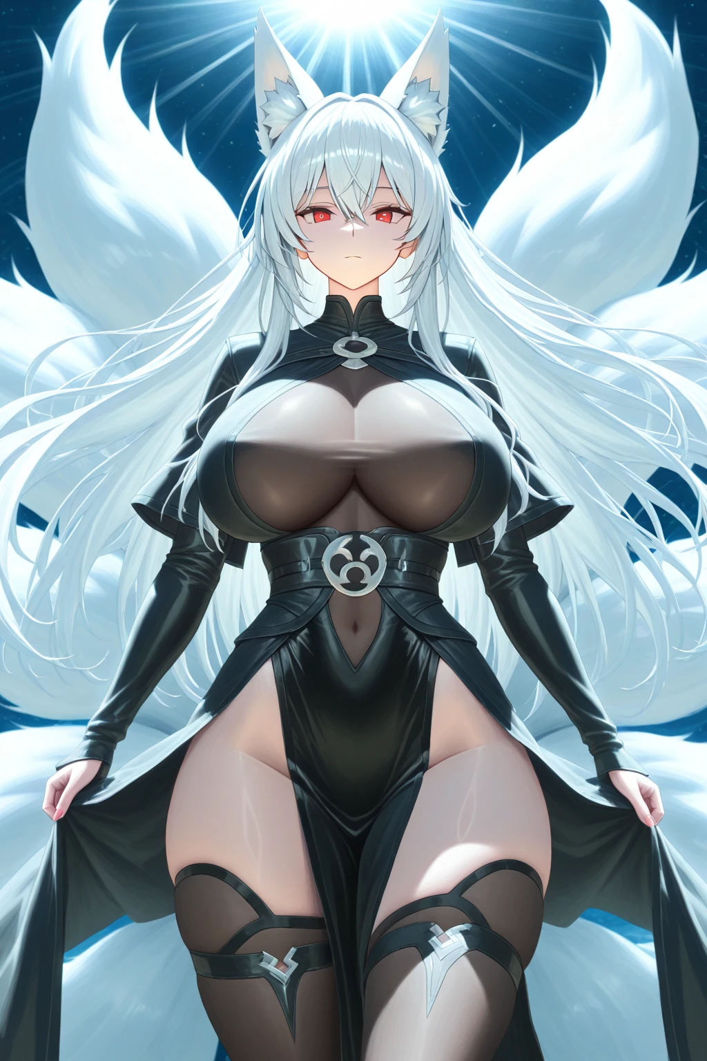 (masterpiece), score_9, score_8_up,, dominant, white hair,long hair,gorgeous,full body stocking,huge breast,latex bodysuit,front view,