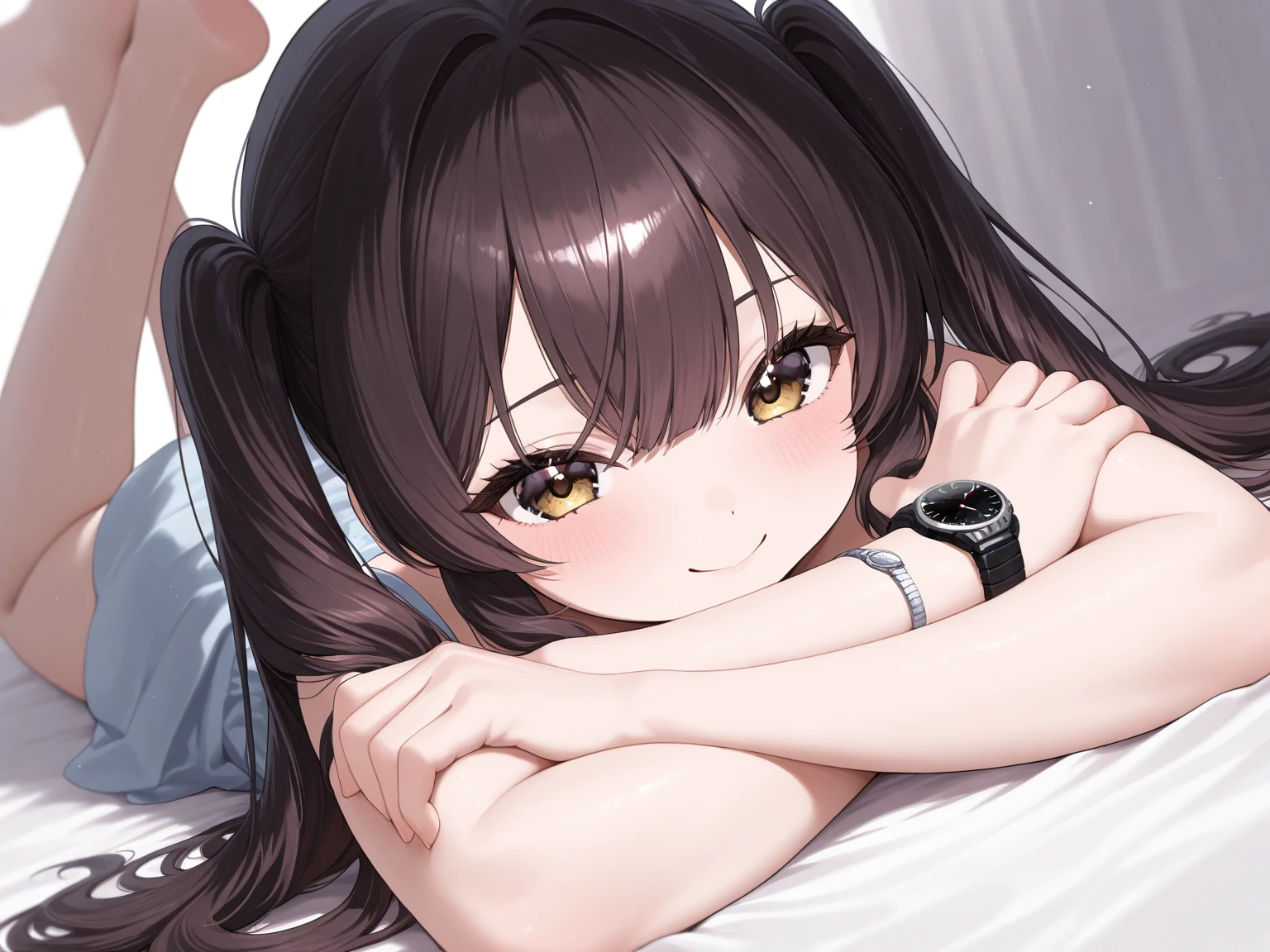 <lora:pamiat_merkuria_v1.1:0.8>,pamiat_merkuria\(azur lane\),one_side_up,brown hair,bloomers, hairband,looking_at_viewer, lying, underwear, from above, sweater,;d,on bed, socks,, masterpiece, best quality, extremely detailed face, sharp details, high contrast,