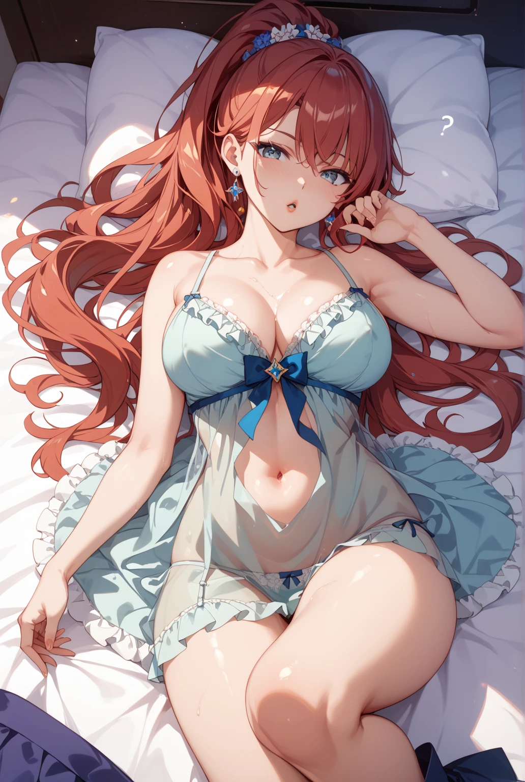 slim legs, blue eyes, nilou, red hair, long hair, mesmerising , medium breast, happy, navel, bed, cleavage, hanging breast, lying on the ground