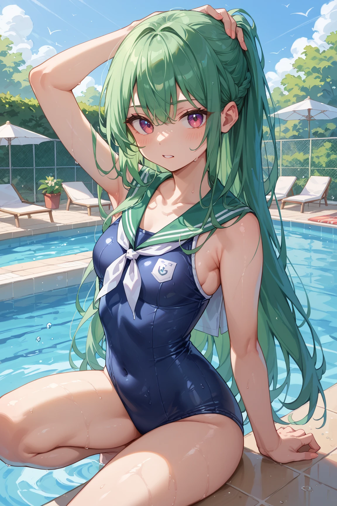 masterpiece, best quality, ultra detailed,1 girl, long green hair, blue eyes, school swimsuit, nsfw, orgasm,