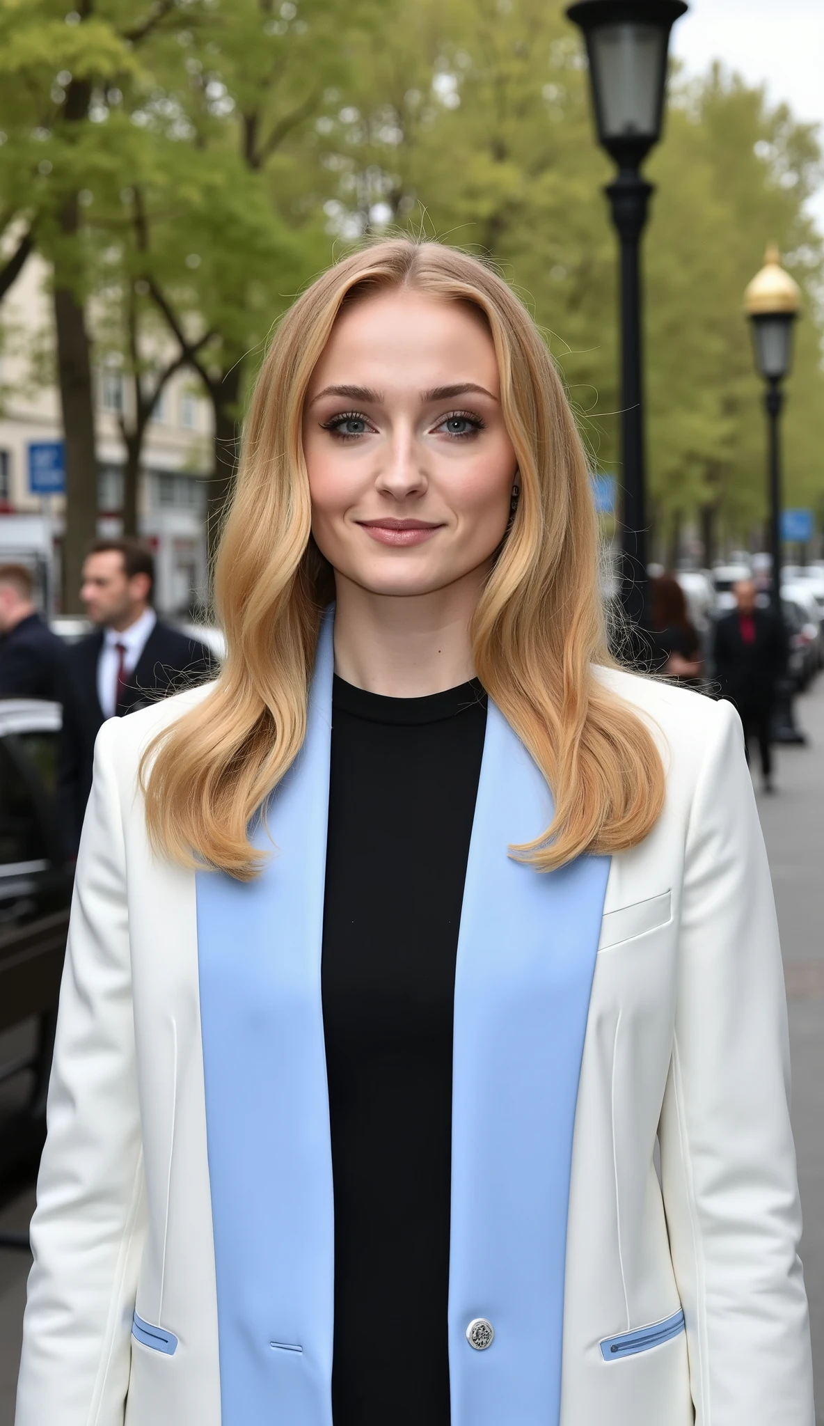Emilia Clarke,blonde wavy hair,white blazer,black elegant midriff turtleneck