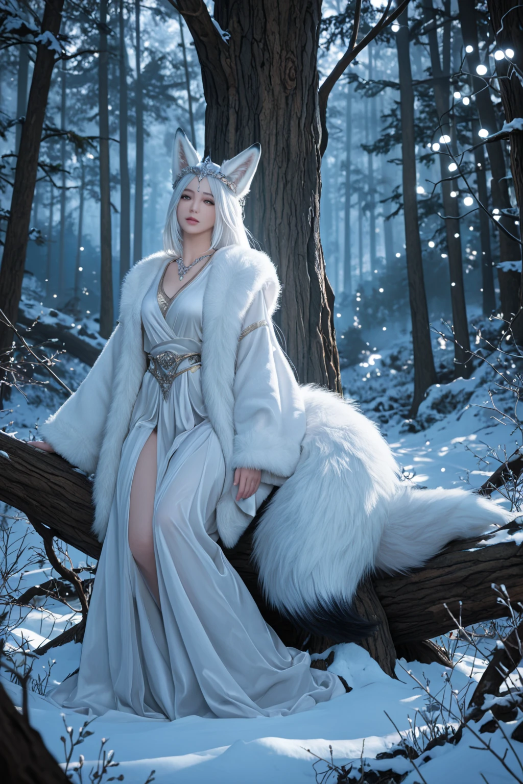 A hyper-realistic 3D render of a female human and nine-tailed fox fusion, with a 7:3 ratio, in a snowy environment. The female has a seductive expression, wearing a long, flowing mink fur dress. The nine tails are artistically arranged around her. The background features a tranquil snow-covered forest with a subtle winter mist. Soft, natural lighting creates an ethereal glow. Created Using: hyper-realistic 3D rendering, fantasy realism, high detail textures, advanced lighting techniques, winter setting, atmospheric fog, dynamic posing, natural shadows --ar 16:9 --v 6.0
