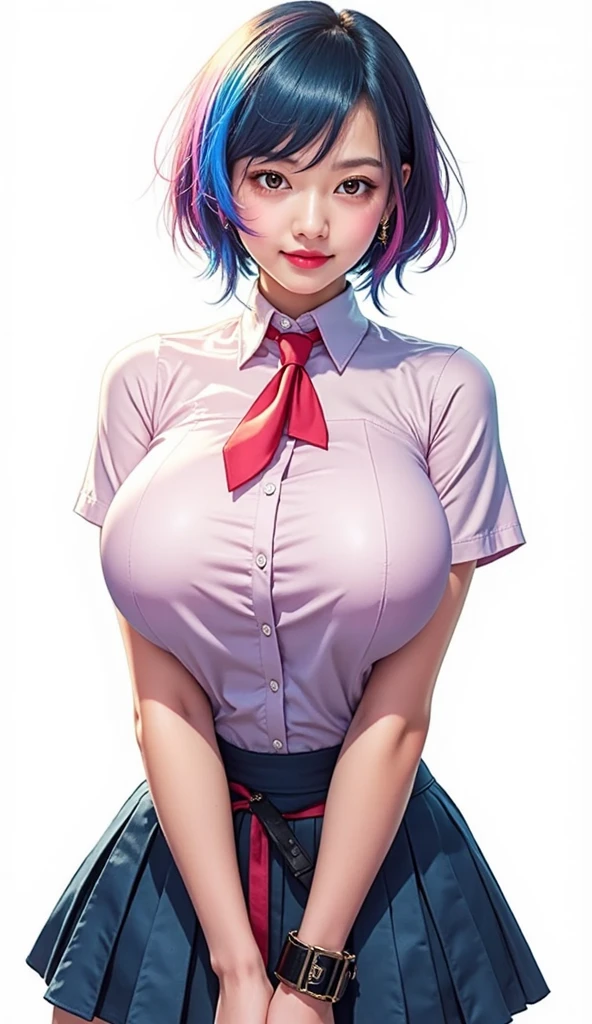 (ultra realistic,32k, masterpiece:1.1),(high detailed skin:1.1), 8k uhd, dslr, high quality, (thick\lips\),
 aakaede,two-tone hair,side ponytail,sidelocks,hair scrunchie,gyaru,earrings,necklace,breasts,,red bowtie,collared shirt,pink shirt,long sleeves,bracelet,blue skirt,, , (huge breast:1.2), 
(looking at viewer, portrait:1.1),,
,(tenebrism:1.1), blank background