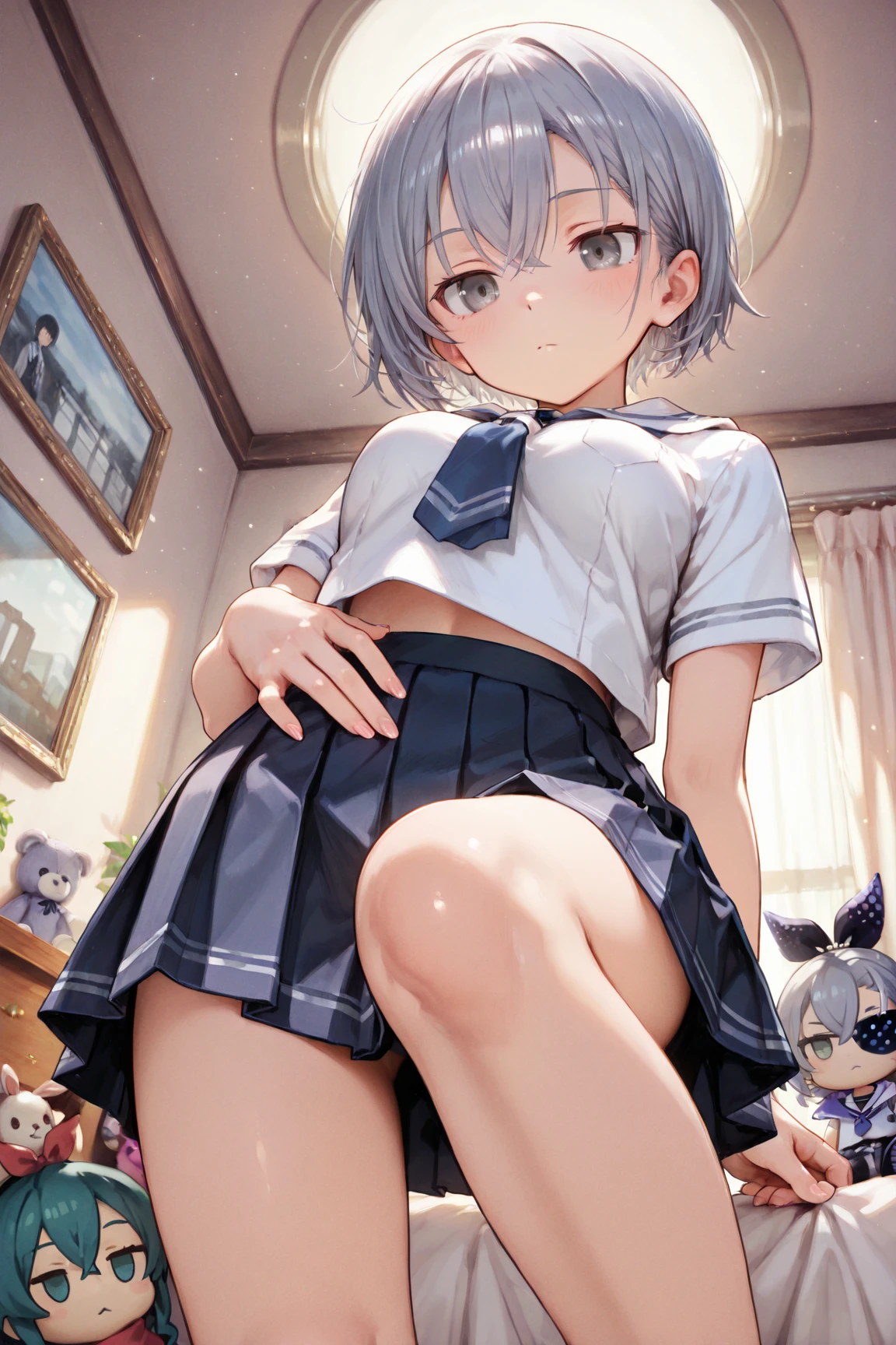 (Highest quality, 8K high resolution), Very detailed, very beautiful, Perfect anatomical, RAW Photos, (masterpiece:1.2), (full body), 1 girl, high school girl, Japan, ((clothed, cheerleader, White socks, underboob)), sneakers, g-string, White Skin, (Sweat:1.4), see through, Glamorous body, gigantic breasts, grin, open mouth, blue eyes, Thin Hair, Blunt bangs, Bobcut, White Hair, squatting, (open legs:1.5), arms behind head, locker room