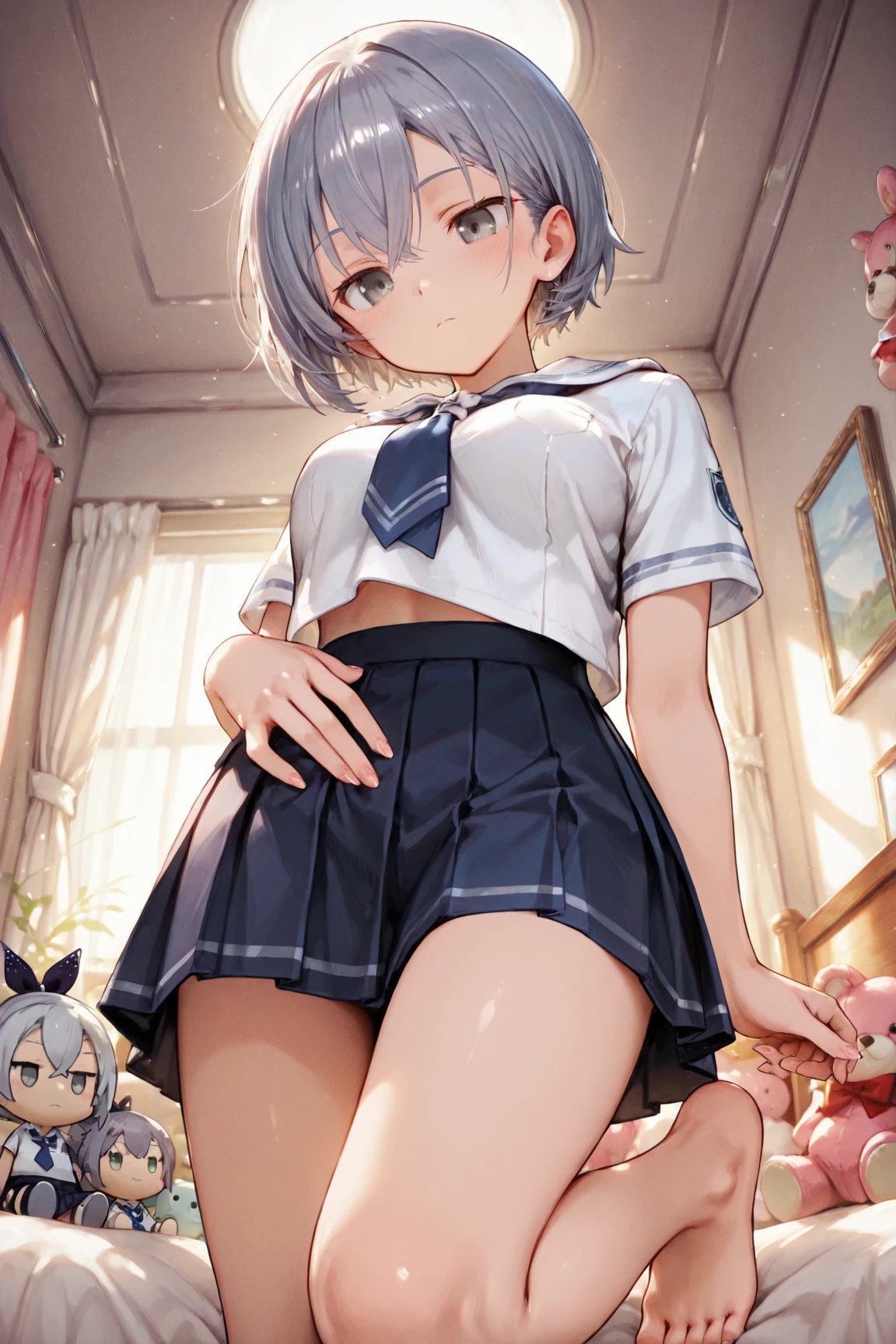 ((Masterpiece), Top Quality, Girl, (High School Uniform), , Silver Shorthair, Blue Eyes, (Skirt Deflected), (White Panties), (Small), Perfect Anatomy