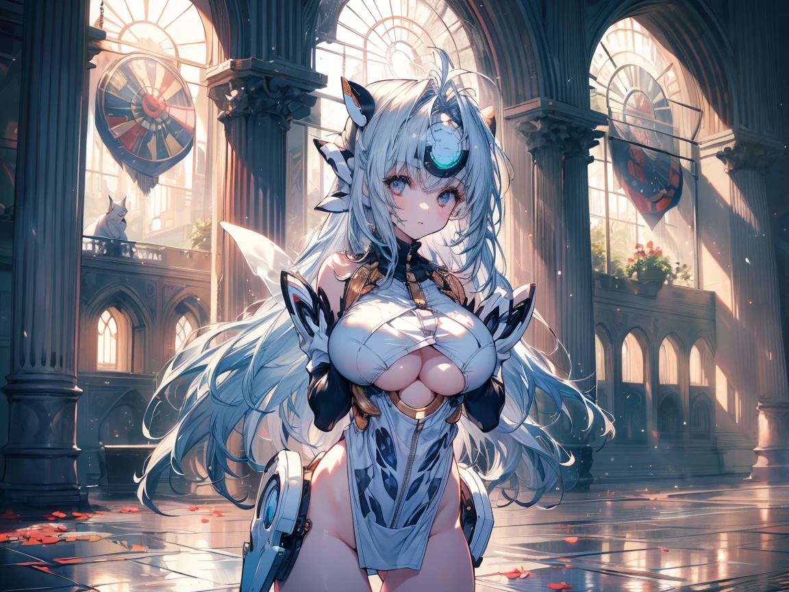 top-quality、Top image quality、masterpiece、Android Girl((sixteen years old 、Broken cybersuit glowing black, red and white、neon energy source for the chest,Best Bust 、Bust 90、Light blue shiny hair、Long hair , spiky hair, messy hair, long fringe on hair, holding a chain whip, chains around her body, giant chains, Cyber Skirt、purple neon eyes 、Valley、Happiness、A slender))hiquality、Beautiful Art、Background with((Magical Night City、Very heavy rain))、masutepiece、Elaborate design、visualart、Theatrical films, glowing neon eyes, cyberpunk, futuristic, white silver hair, no pupils on eyes