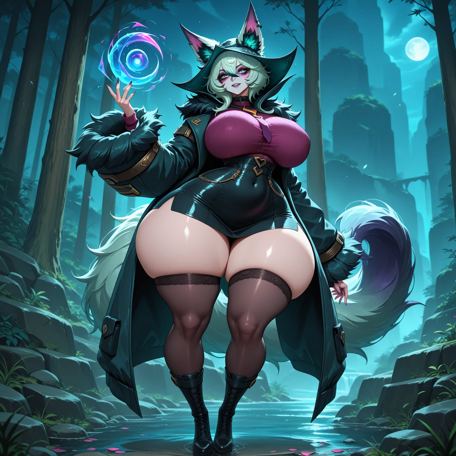 <lora:leagueOfLegends_v02:0.75>, league of legends, lol, splash art, ((masterpiece)), 1girl, <lora:mash_kyrielight:0.5>, (mash kyrielight, pink hair, purple eyes, hair over one eye, mash kyrielight (dangerous beast), animal ears, fur-trimmed collar, fur trim, thighhighs, wide hips), in a forest