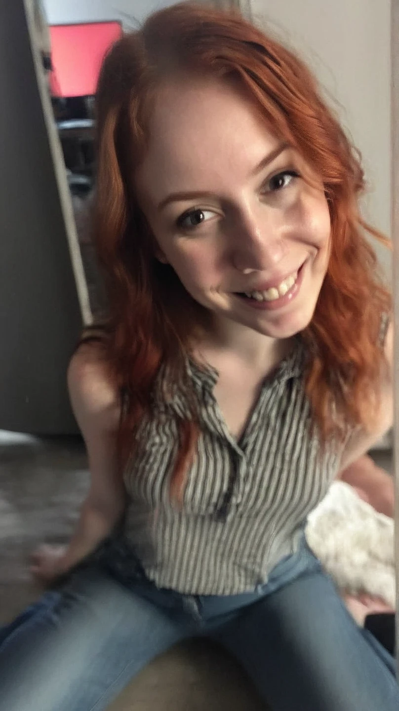 1girl, solo, realistic, anorexia, ((ugly:1.5)), German woman, ((mature)), ((old woman)), ((wrinkled body)), (65-years-old), (German woman features), curly red hair, (German blue-eyes), long curly hair, hair bobbles, light freckles on cheeks and nose, eye wrinkles, plump lips, (German old body), she is Amanda and she has fair skin, (upper body), (background: inside Honolulu guesthouse living room), nude and naked, smiling, (((ginger-red hair))), (((selfie shot)))