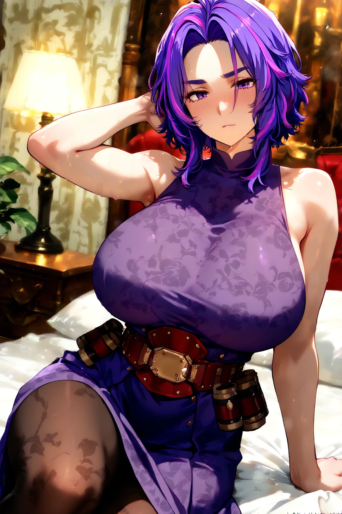 {{upper body, Dutch angle}} {{Artist: sincos}} {{kafka (honkai: star rail)}} 1 girl, mature woman, large breasts, purple hair, chastity belt, bedroom, on bed, medieval fantasy.