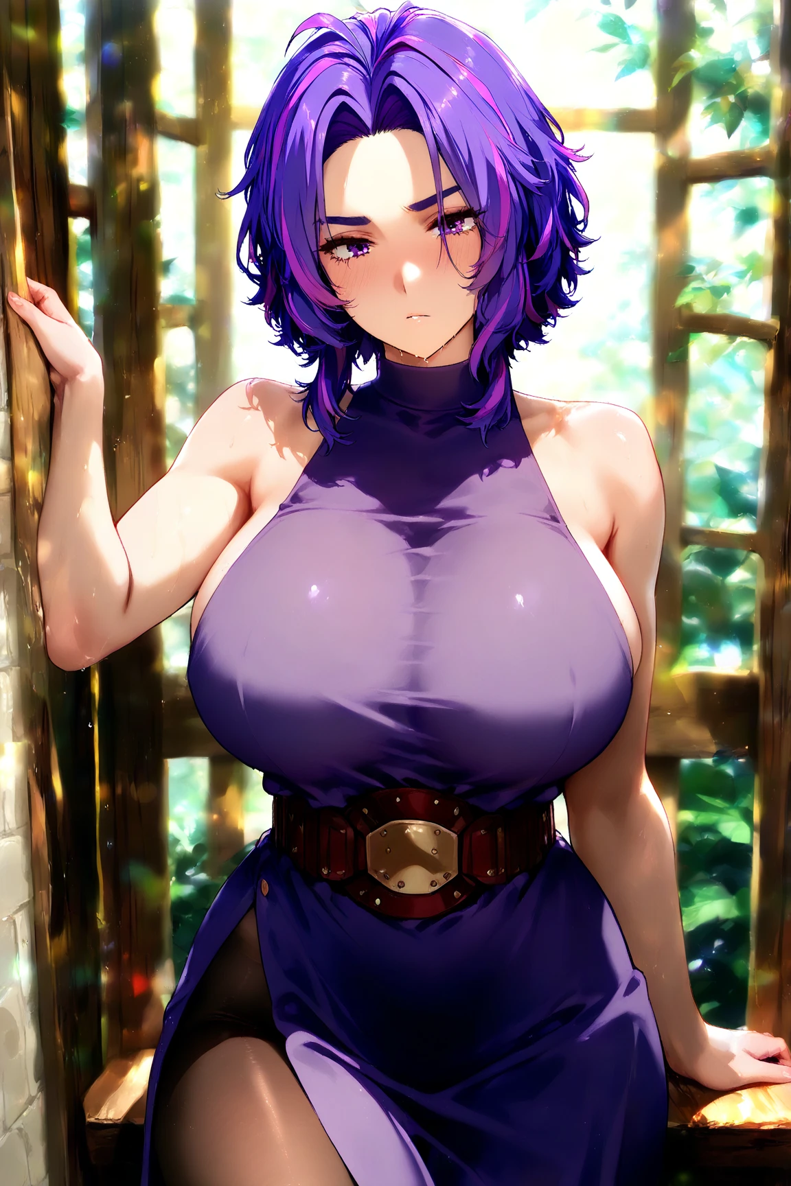 Kochou shinobu, 4k, absurd, high resolution, very high resolution, high definition, masterpiece, Short hair, purple hair, Separate bangs, Hair Adorno, Butterfly hair ornament, Purple eyes, Slayer Demon Uniform, sleeveless, black high-leg leotard, zettai ryouiki black thighhighs, cowboy shot, looking_at_viewer, serious, closed mouth, hairy natural public hair, natural armpit hair, huge_breast, side boob, erect nipples, standing, holding a japanease sword, (skinny, short stack), in the dark forest, night