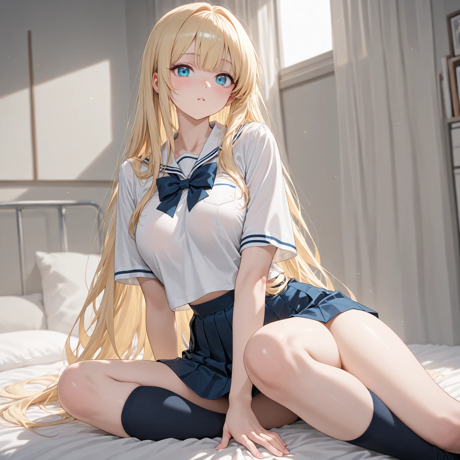 ((1 girl :1,6))，, Dynamic angle, Ultra detailed, illustration, Close-up, straight, Only 1 girl, She has blonde hair,（masterpiece),（Очень подробные обои CG Unity 8K），Best quality，cinematic lighting，detailed background，beautiful detailed eyes，smart students，Blue eyes，（Very good and beautiful），a high resolution，ultra - detailed），flushed complexion，smile，Desire for dissatisfaction，elementary school student，sits with legs apart on the sofa in the children&#39;s room（A short sundress pulled up to the chest)）, (Small breasts, beauty, funny, Beautiful, slender body, ) , ((there is no underwear under the sundress:1,7)), shows itself [[delicate fingers and hands:0.55]::0.85],(detailed fingers)))