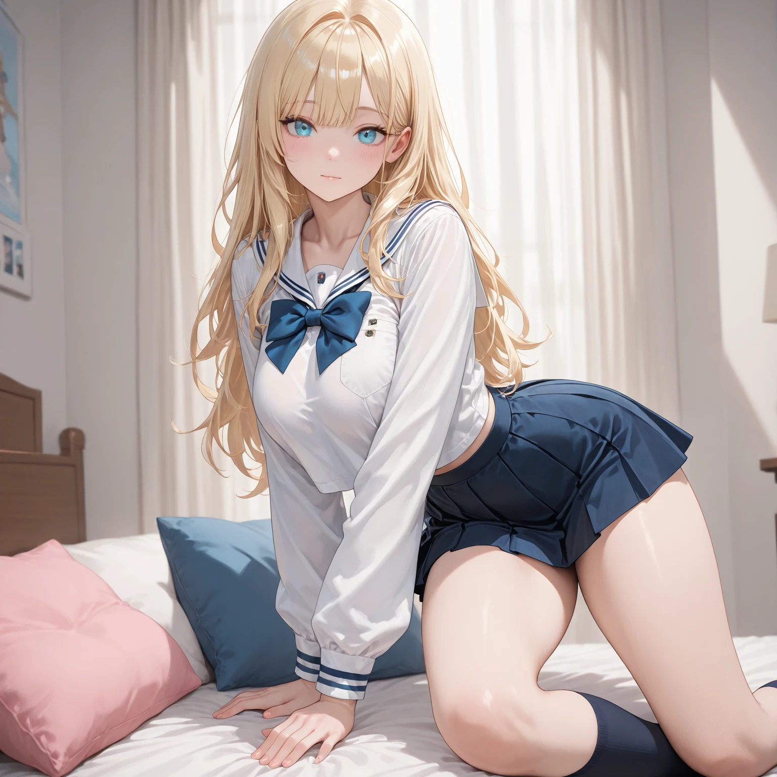 masterpiece, 8-year-old girl, best quality, Volumetric Lighting, Best Shadows,Portrait Of Stunningly Beautiful Girl, full body, 1girls,loli,Petit,flat_chest, Her panties are showing, (baggy serafuku), too-big serafuku, oversize Navy_blue serafuku with long sleeves, (Underwear worn by children), (Children's underwear), (cotton panties), (white panties), long blonde hair, wavy hair, navy_blue_socks,