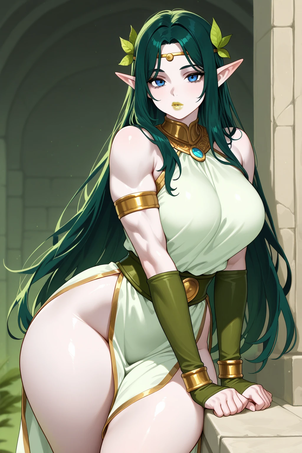 sexy woman, mature milf, brown skin, huge breasts, large breasts, curvy, voluptuous, completely nude, nude, pussy, nipples, black hair, brown eyes, long hair, elf ears, queen crown, jewelry, red lips, smile, standing, solo focus, castle interior, indoors, fantasy theme