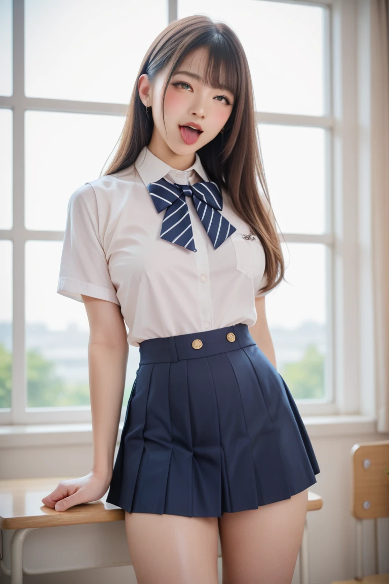 ((school uniform)),ribbon at neck,(school uniform and ((Plaid navy skirt)) and white shirt:1.1), Skin color, big , smile, (8k, RAW Photos, Highest quality, masterpiece:1.2), masterpiece, super detailed, super high quality, (Realistic and Realistic photography:1. 37), High-resolution RAW color photos, Very delicate and beautiful, highly detailed, 8k壁紙, wonderful, detailed, Very eye, very detailed, very detailed skin, very thin fingers, very detailed nose, very detailed mouth, Perfect Anatomy, Upper Body, studio, Soft lighting, A full-body shot of a cute idol wearing a one-piece swimsuit, Playful pose, Hands on hips, smile, Pastel Background, Realistic, Attention to detail, studio photography