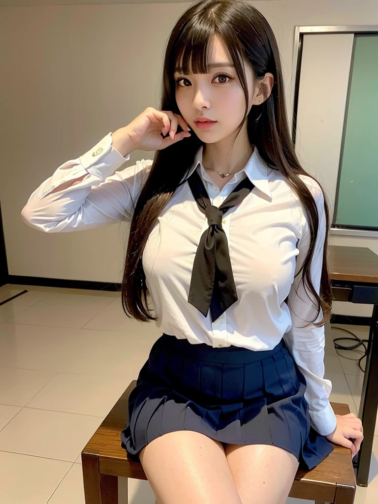 masterpiece, High resolution, Portraiture, highest quality, High resolution,
(1. Female:1.3), Realistic, alone, Wearing a white blouse and miniskirt, School classroom during the day, Side view, Budding breasts