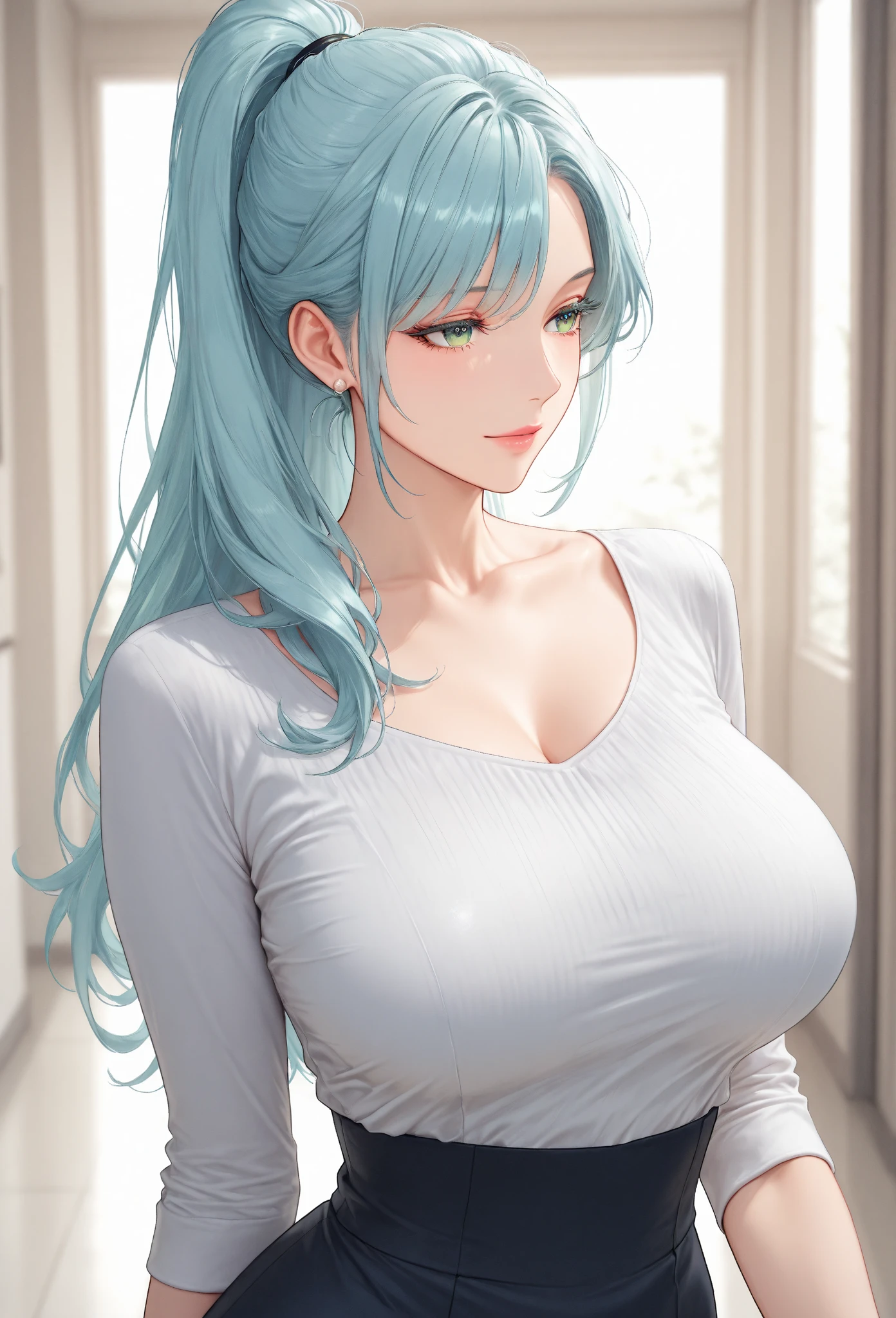 (（（Perfect body,White and tender skin,（（（Mermaid skirt，fishtaildress，Light blue dress，White wool cardigan）））,（（（hyuugahin,  "black long hair", blue eyes,blunt bangs））），((masterpiece)),high resolution, ((Best quality at best))，masterpiece，quality，Best quality，（（（ Exquisite facial features，Looking at the audience,There is light in the eyes，blush，Happy，lol））），）））,（（（Light and shadow,Huge breasts,）））,（（（Looking at the camera,black background)））)