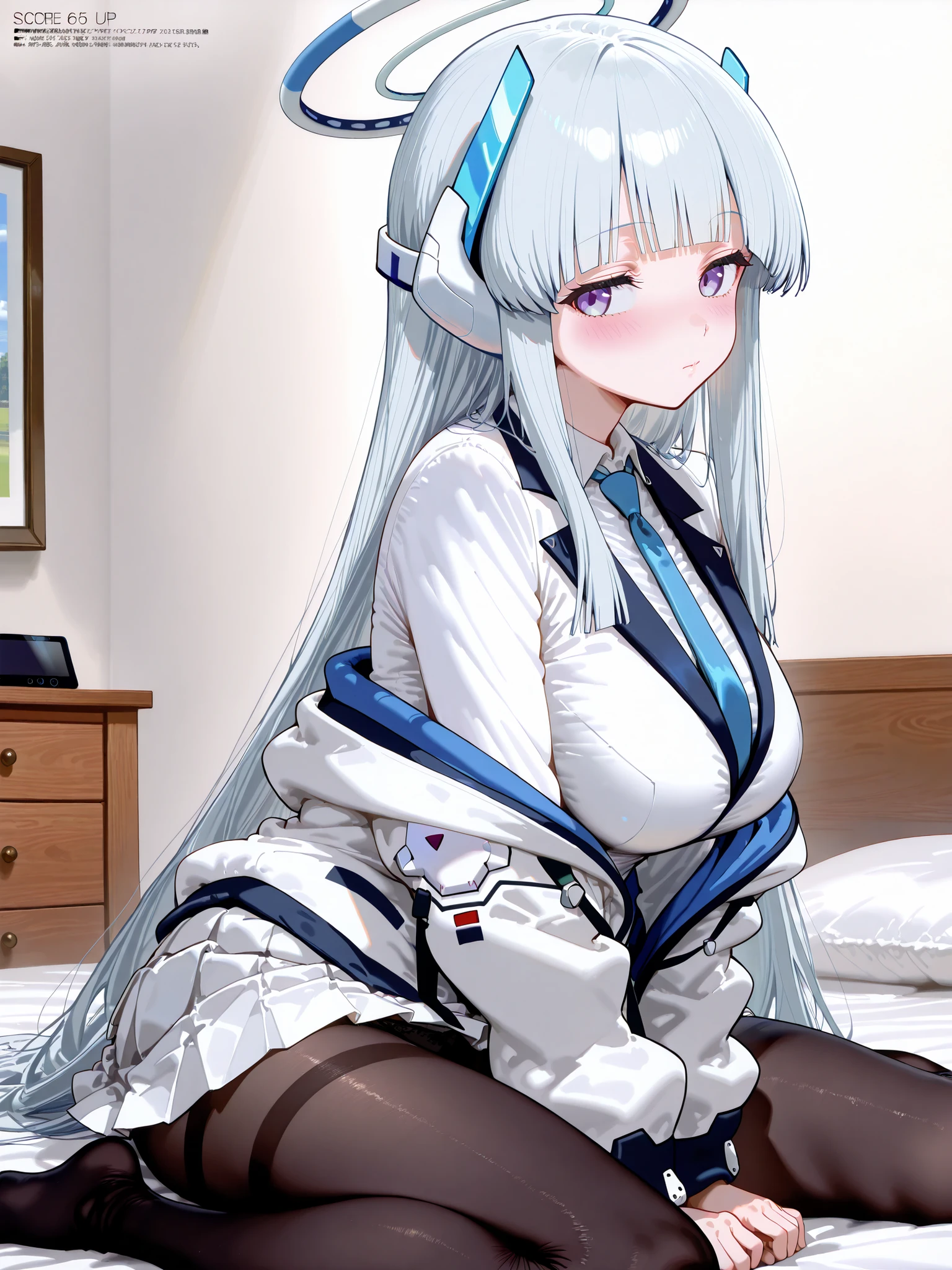 生塩ノア,
score_9, score_8_up , score_7_up , score_6_up , score_5_up ,
(masterpiece, best quality),ultra detailed,
megami magazine
BREAK
long hair, headgear, mechanical halo, large breasts, blue necktie, white shirt, off shoulder,long sleeves, white skirt, pleated skirt, black pantyhose,
noa ushio, purple eyes, grey hair, blunt bangs, long hair, sidelocks,blue necktie, halo, headphones, long sleeves, mechanical halo, necktie, pantyhose, shirt, skirt, suit, uniform, white shirt, white skirt, white suit,
black panties, race panties,
simple background, indoor, bedroom,wood floor, white wall,(sit on bed),
1 girl,
(((solo))), from side,
medium-large breasts,
wariza,
v arms,
looking away, blush, jitome,
