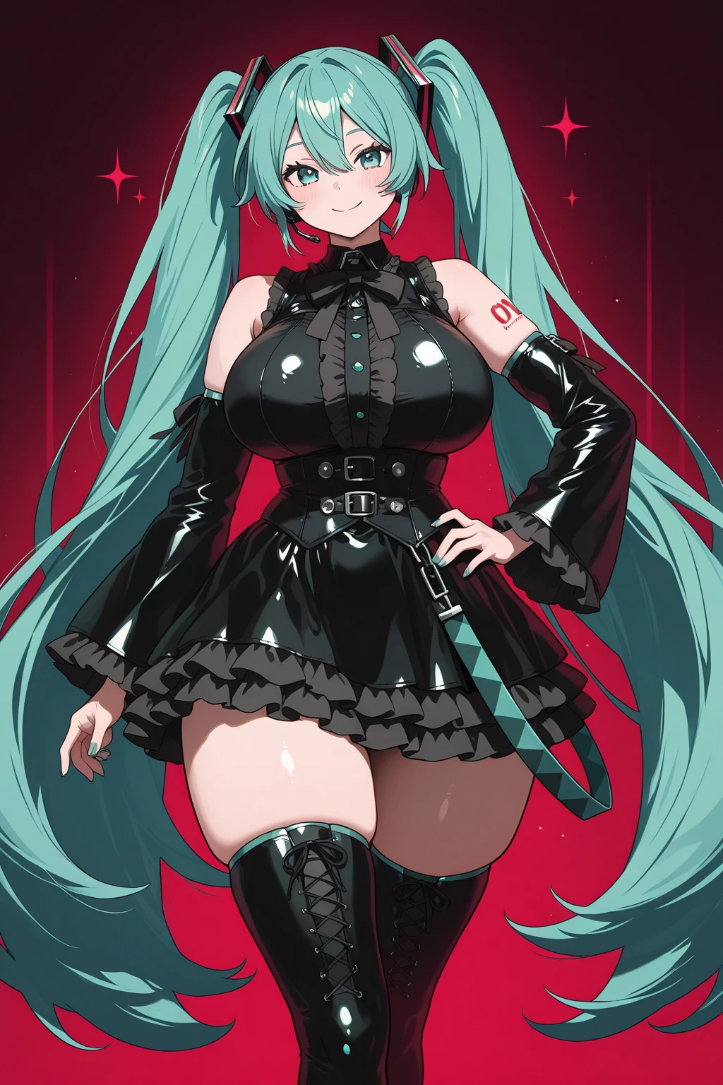 score_9, score_8_up, source_アニメ,Sayonara Minakami,,very big breast,shiny skin,Fallen into evil,empty eyes,Symbiote,suit,High leg,corset,Thigh belt,nail,