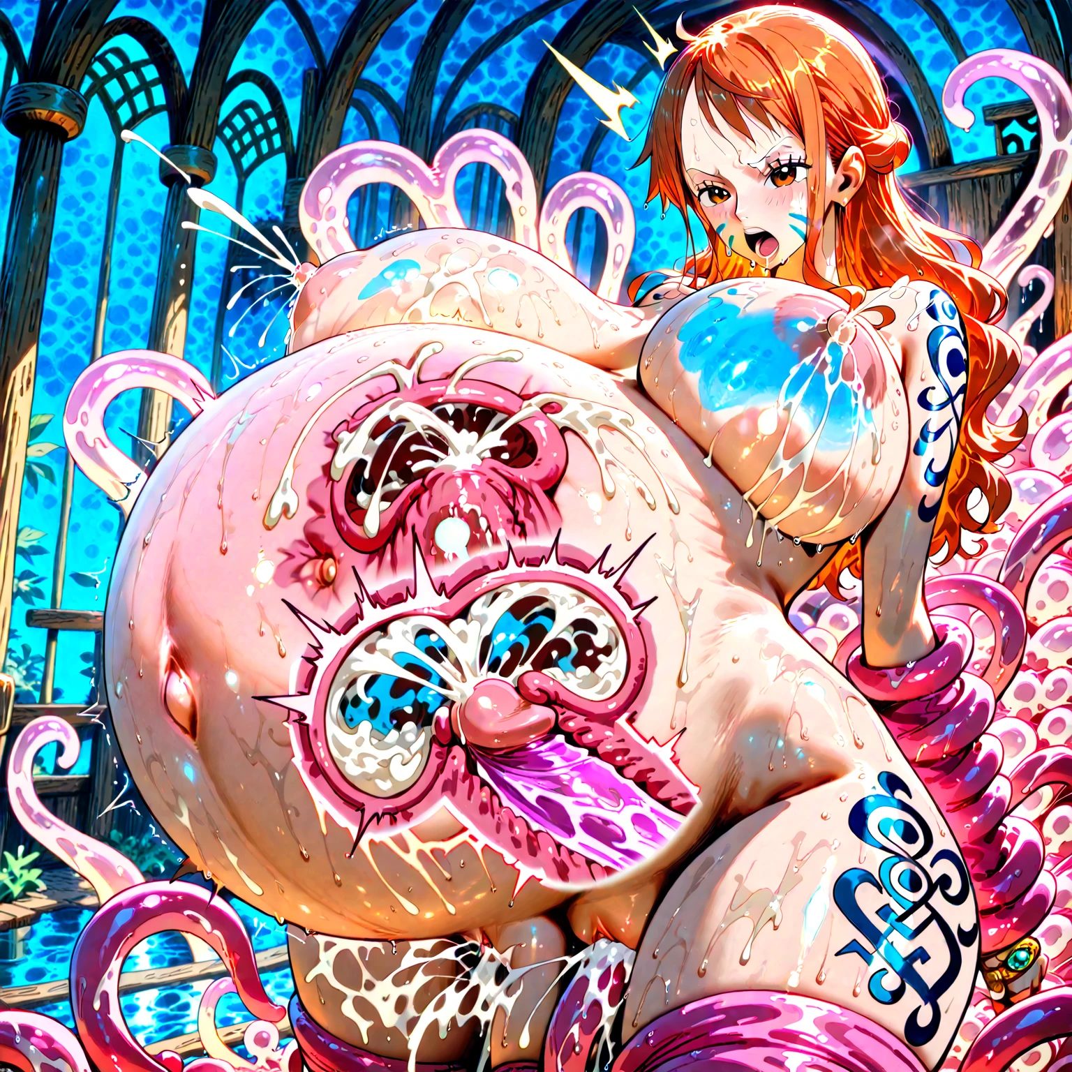 Masterpiece, best quality, nishikino maki,red hair ,purple eyes, cowboy shot , medium breasts,fishnet bodysuit, ninja girl,pink pasties, thicc thighs , love live style ,eyes semi closed, night , elbow gloves , sweating, suspended by tentacles, tied up by tentacles,forced fellatio, trembling , embarrassed, anal ,her body covered by sticky fluid , breasts squeeze, drooling , stomach bulge, neck bulge , floating hair, flying hair, bouncing breasts 
