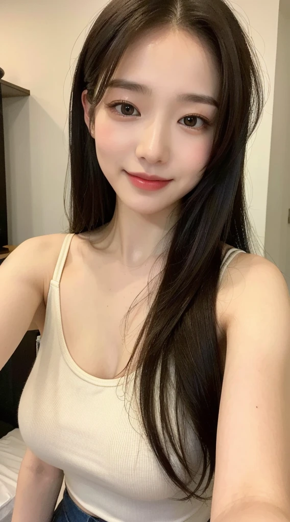 White tight shirt、White tight mini skirt、bed、smile、Short sleeve、high resolution、Korean idol face、double eyelid、White teeth