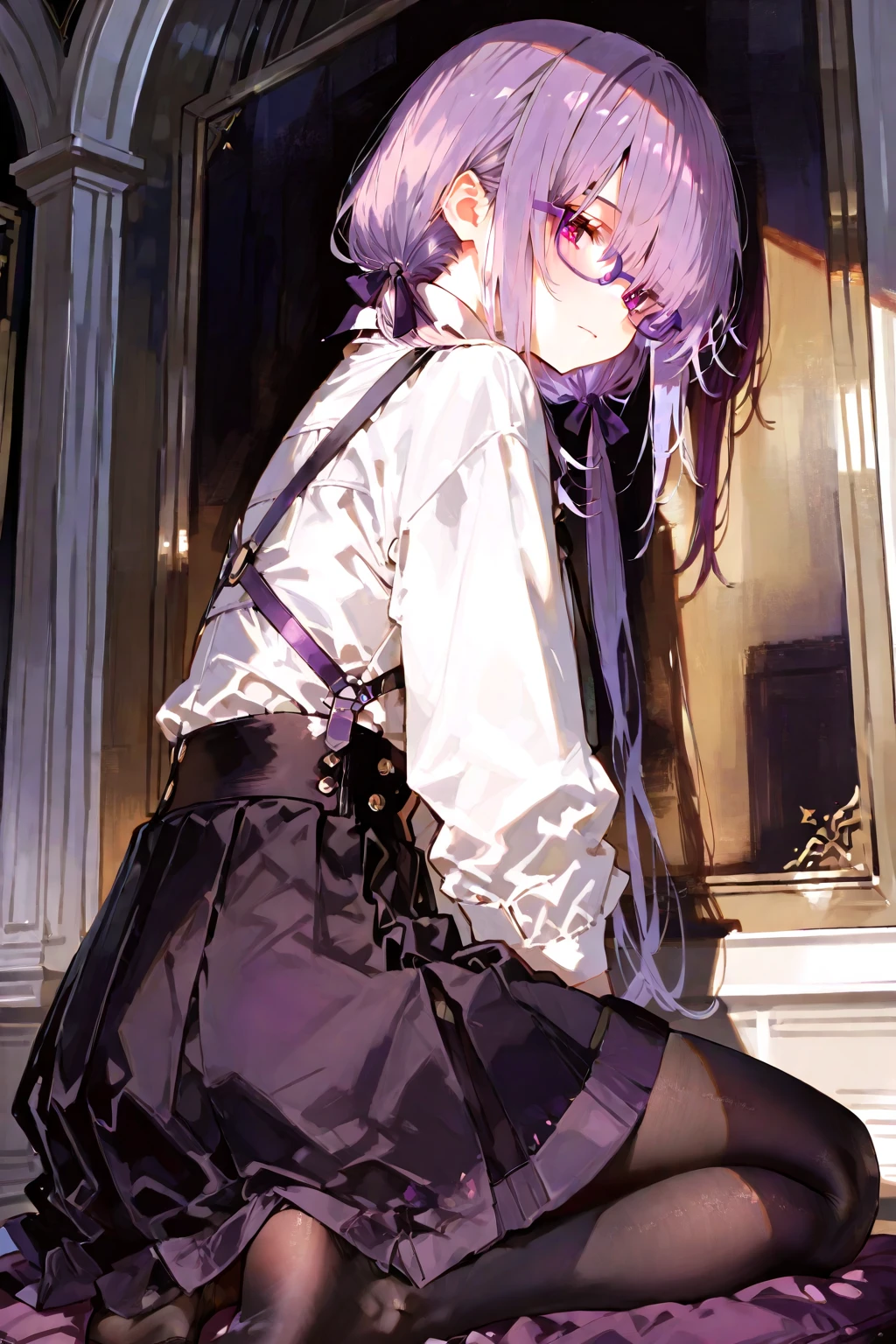 shalltear bloodfallen, shalltearcostume, ponytail, outdoors, (night, starry sky:1.1), masterpiece, arms behind back, best quality, 1girl, closed mouth, <lora:shalltear:0.9>, dark background