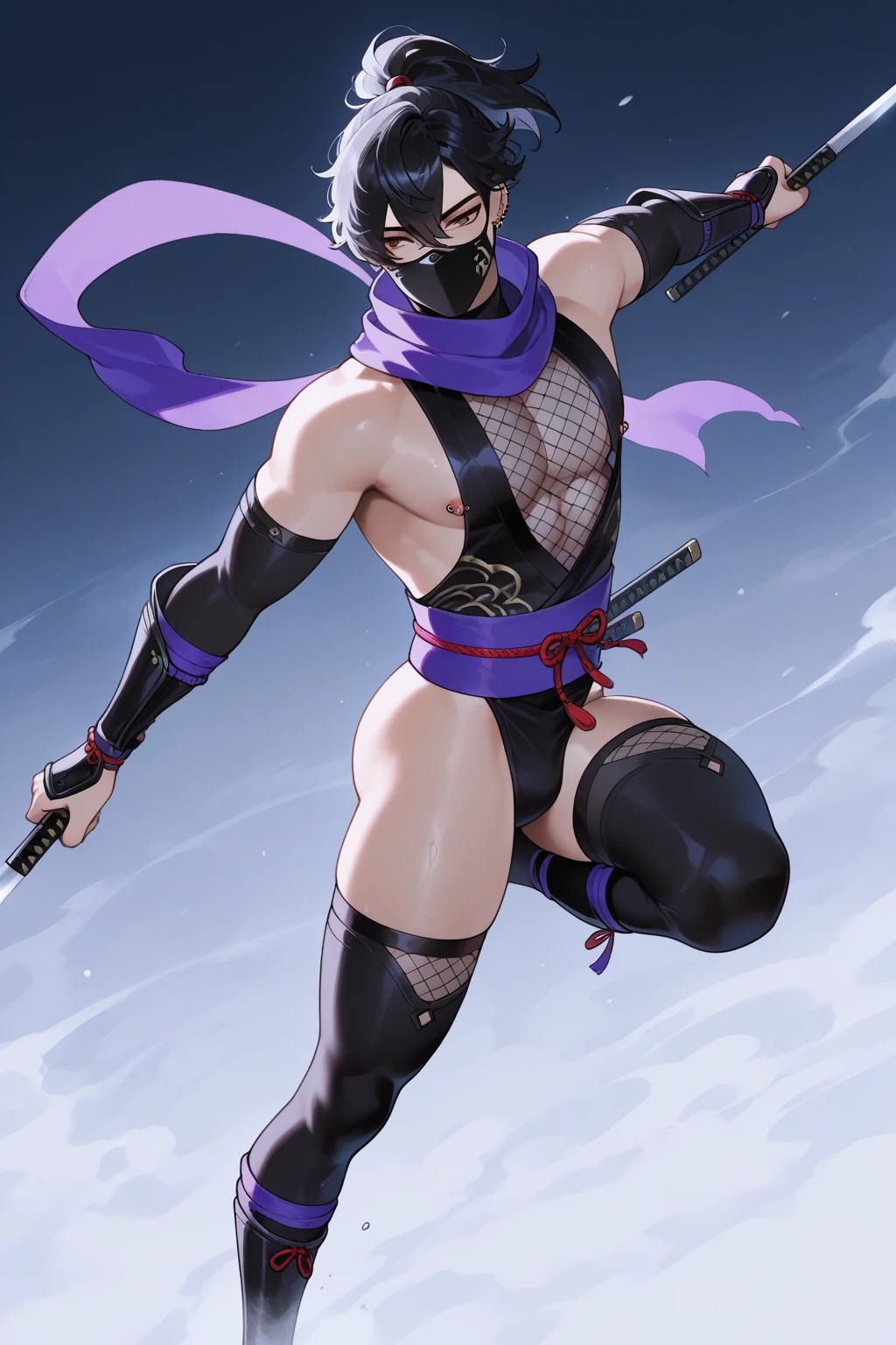 18 year old Yoruichi Shihōin from Bleach with tanned skin and a black surgical mask on, unzipping her purple latex suit to pridefully showing off her rock hard abs while sitting on on a mountain ledge, highly detailed 