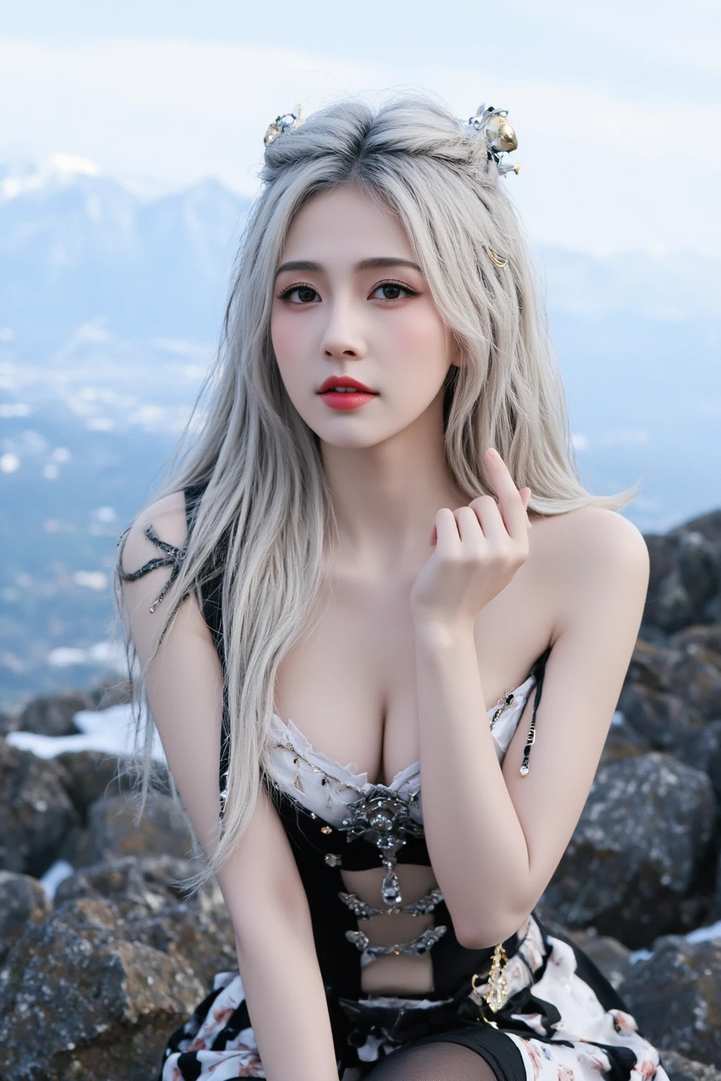((1girl, solo, alone, Ninym, white hair, red eyes, hair ornament, huge breasts, long hair, fitness)), ((solo, (1woman, pink lipstick), Extremely detailed, ambient soft lighting, 4k, perfect eyes, a perfect face, perfect lighting, a 1girl)), ((black dress, long dress, wielding a red scythe, abandoned castle, haunted castle, fog, mist, night, moon smells, dry trees))