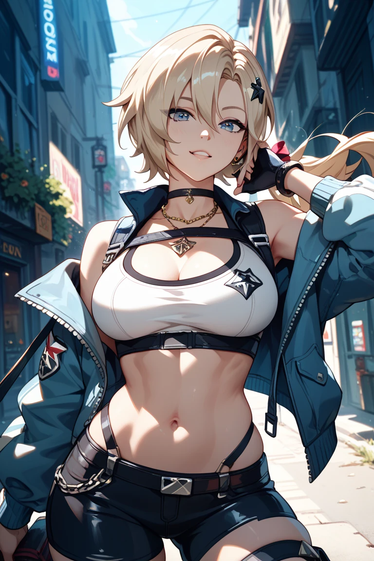 Highest quality，Correct anatomy，Cat girl，Cat Girl，Black Cat Girl，Dark Skin，solarised，Dark skin，Rogue Girl，blond，short hair，Rogue，shorts，Jacket，Female ghost，Mocking smiles，belt，Waist bag，Full breasts，Big Breasts，Big ，Big Ass，Alley Background，Light and Shadow，Fine Light and Shadow，Big Breasts，Medieval style costumes，Fantasy style，Different world style background