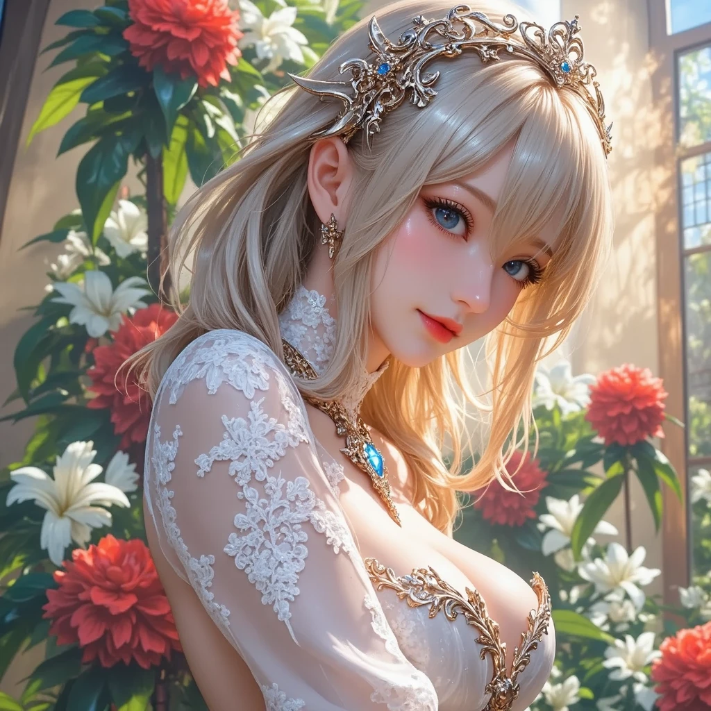 (very pretty woman), happy smile, lovely, gorgeous diamonds are so attractive, lots of roses, beautiful roses, diamond sparkles, wonderful, pure love, love, very real and wonderful details, wonderfully beautiful details, very eyes Amazing dress, affection, beautiful scenery, ((full of beautiful diamonds and roses)), dazzling light, unrealistic, fairy tale, fantasy, top quality, ultra high definition, ultra fine detail (Ultra High Definition: 1.4), Professional Photography, Raw Images, (Realistic, Photorealistic: 1.37),