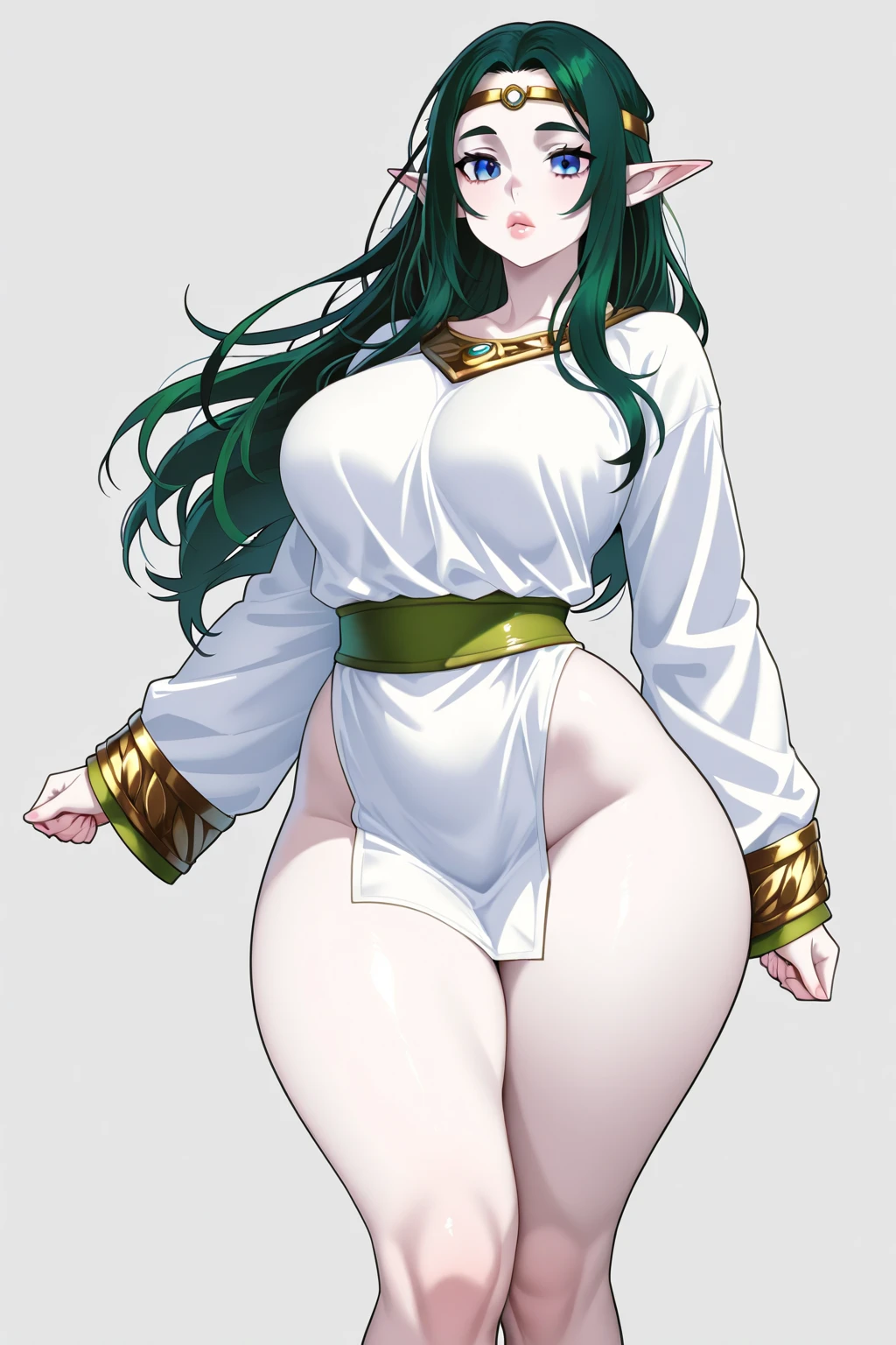 ((1girl)), (()), (()), (((sexy))), ((pale skin)), ((thick thighs)), ((big booty)), ((wide hips)), (big breasts), ((green hair)), (sexy smile), ((best quality)), (high quality), (detailed), (perfect face), (gold jewelry), (white bikini), ((fishnets)),