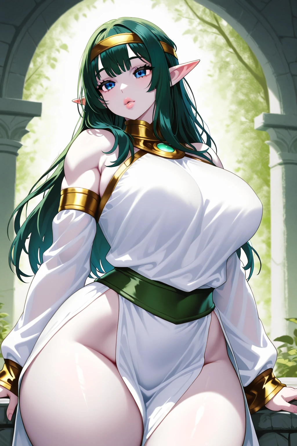 An anime-style artwork depicting rhea from the game Fire Emblem: Three Houses.
Tags: rhea, anime, detailed eyes, detailed lips, green hair, white dress, miniskirt, smiling expression, intense gaze, glowing emblem on hand, dynamic pose, indoor, palace, vibrant colors, digital art, high-resolution, professional quality, (gigantic breasts: 1.4), cleavage, cowboy shot