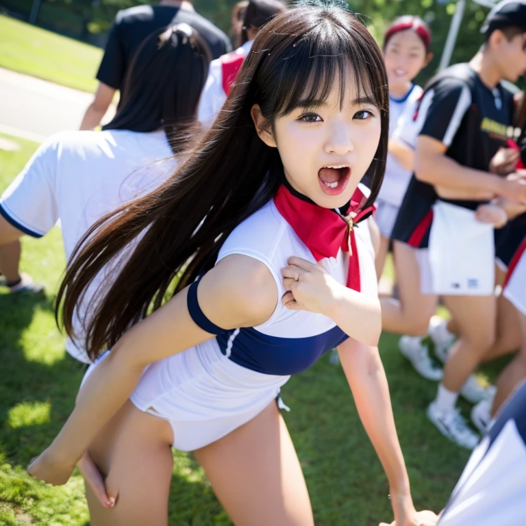 A young, slim, naked woman with short hair is on all fours、Hair is being pulled forcefully、Crying face、panties、In 8K、Ultra-high resolution、Highest quality、Tabletop)、(Surrounded by Japanese elementary school boys:1.5) (((Sexual harassment man attacks woman's breasts))),Boy kicking a woman