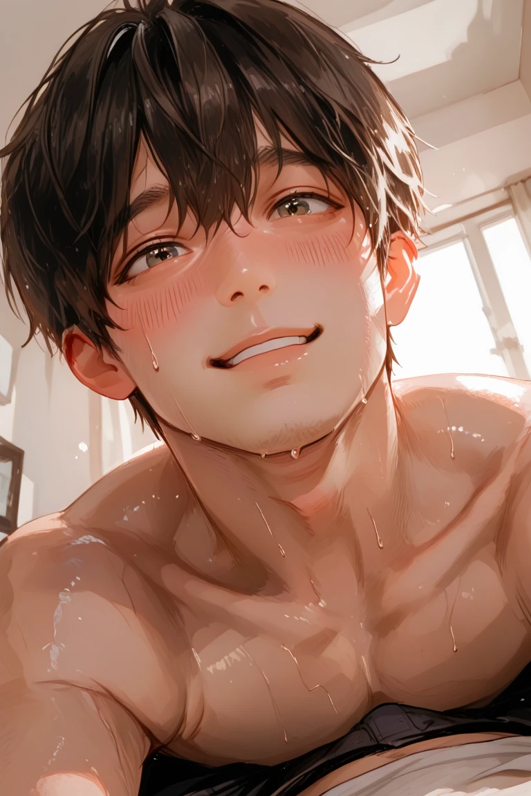 high quality, detailed, Realistic, (17 years old tanned japanese idol boy), (detailed black eyes), (black short hair), (abs), (tanned dark brown skin), night palace bedroom, (black tiny thong), (bulge), (detailed nipples), detailed areola,best quality,4k,8k,highres,masterpiece:1.2),ultra-detailed,(realistic,photorealistic,photo-realistic:1.37), face close up, --no watch,looking at viewer,smirk, (cum on face),