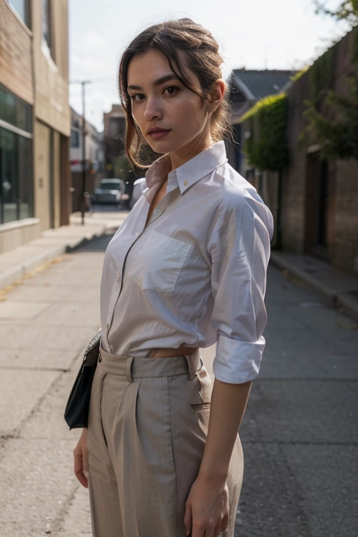 black-haired woman. slim. Bust size B. White shirt. with dark blue trousers. looking at the camera. with bag Bimba and Lola. I'm going to the camera on the street. Eiffel Tower behind. photography with a cinematic camera