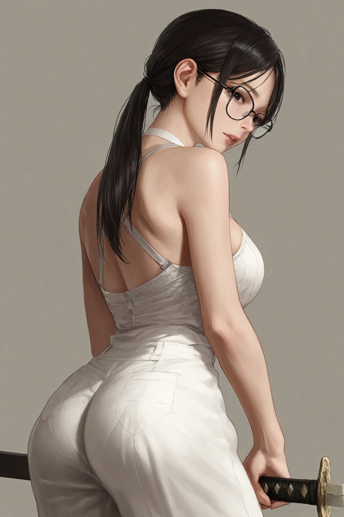 Wide angle shot, rear view, beautiful female street fighter, wearing large glasses, black undercut hair, wearing large steel knuckles