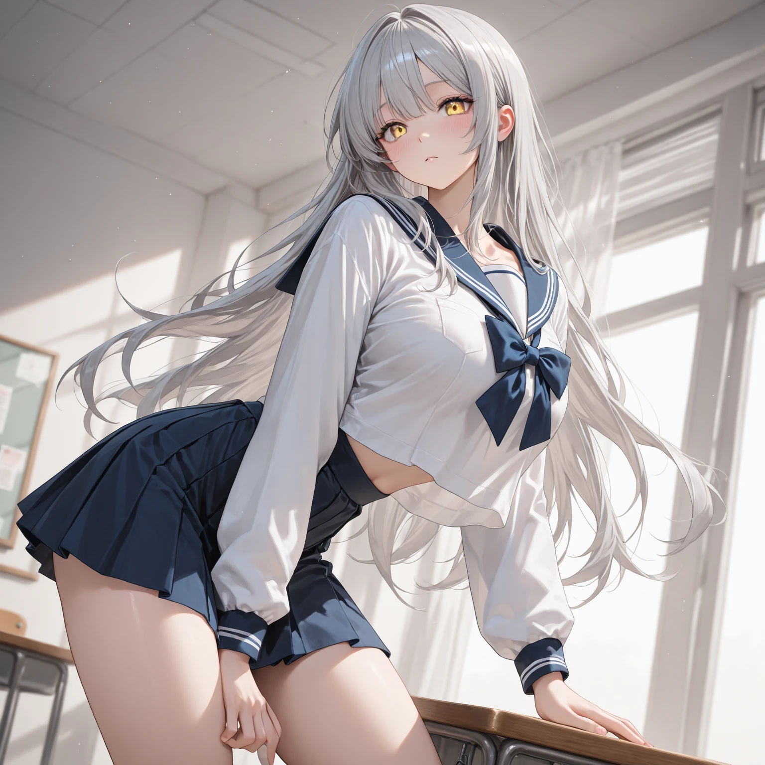top-quality、realistic touch,high-detail、photoRealstic、thin-waist、captive beauty、big eye、solid platinum-blonde eyelashes、platinum-blonde、full body Esbian、Sparkling eyes, cheeks flushed、Kamimei、thin-waist、Voluptuous thighs、In the classroom of  the school、She is in estrus、a sailor suit、cocky expression、Colossal tits、Super short skirt with V-line visible、Sleeveless、Open your legs and show your pussy、Fold your hands behind your head、Navel Look、