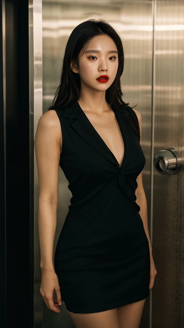 very beautiful asian girl with short hair and purple long hair in a black dress walking beautifully in a courtroom 