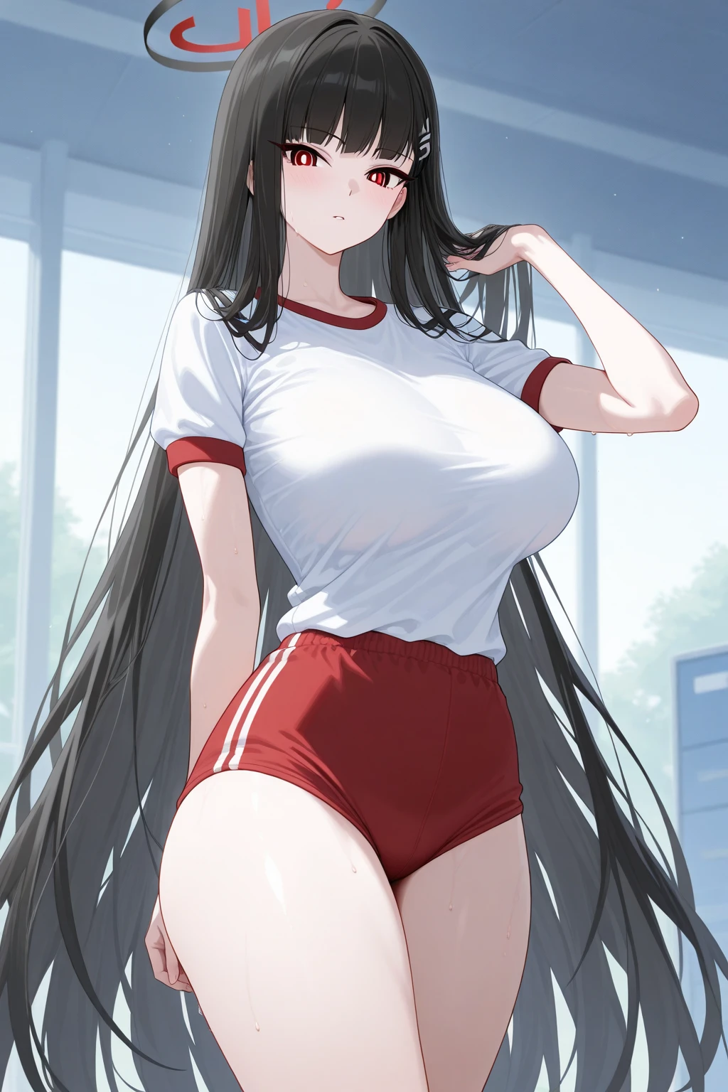 A Beautiful girl, in sport shirt, big chest, hot expression, clear face, full body, long hair, so tired with many sweat