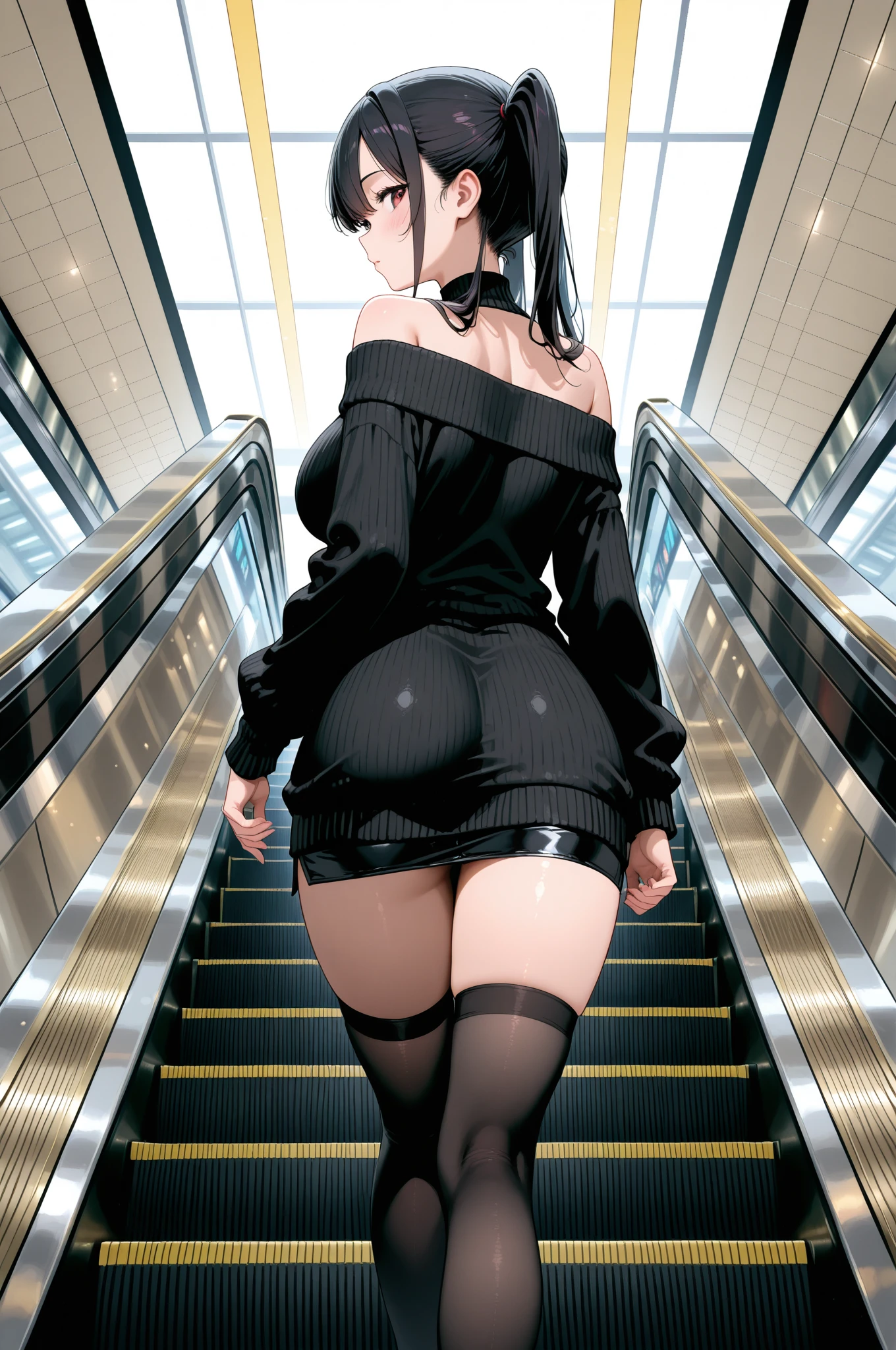 White slip dress dress、Elegantly draped over her curvy figure、Stand on the subway、Metro seating、There are passengers、With a mysterious and sexy touch、the lighting is subdued、casting soft highlights and shadows on her charming features、(There is a skirt、Miniskirt、Bare legged、long leges)、Black heels、Large breasts、perspired、Three-dimensional facial features、4k、8k、RAW photography、best qualityer、(Black ponytail)、A high resolution、High-quality photos、Open-mouthed、grieves、is shy、back to look back、Watching from behind、(Tong)full view