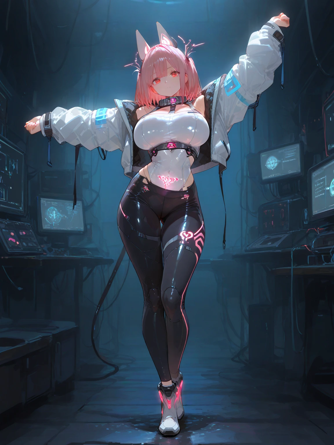(8K、HighestQuali、tmasterpiece:1.2)、(hentail realism、pfotorealistic:1.37)、Hyper-detailing(细腻细致), (Intricate details), (Cinematic light, 最优质的背光), 清晰的线条, (1girll:1.3),Solo,full bodyesbian,Pink hair,Black eyes,(huge tit),Sirm waist,Thigh thick,Wearing(Wide pink hooded sweatshirt,Black shirt and straight trousers,High heels),Ambilight red imprint,(Cyber hacking:1.3),