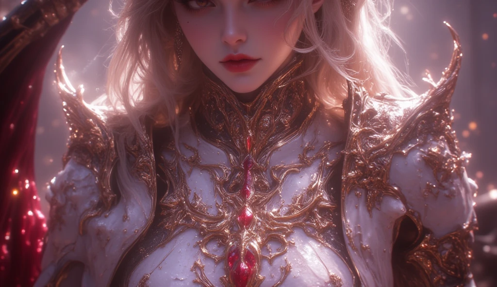 complex 3d render ultra detailed beautiful death angel, biomechanical cyborg, analog 150 mm lens, beautiful natural soft rim light, crystal feathers, roots, fine foliage lace, colorful details, Boris Bidjan Saberi outfit, pearl earrings, piercing, art nouveau fashion embroidered, intricate details, mesh wire, mandelbrot fractal, facial muscles, cable wires, microchip, badass, hyper realistic, ultra detailed, octane render, volumetric lighting, 8k post-production, red and white with a bit of black, detailled metalic bones, semi human, iridescent colors, Glenn Brown style, futuristic room, power of the god, high-angle shot, complex body poses,