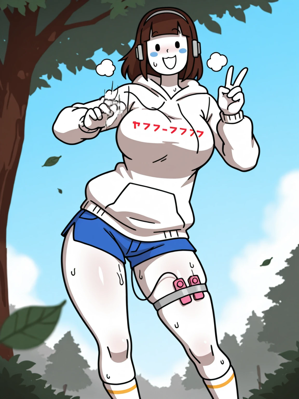 score_9, score_8_up, score_7_up, tentacles, ina, long hair, plain black sports bra, ribbon, black shorts, black wristband, skinny, abs, white sports jacket, small breasts, hand on hip, street, smile, looking at viewer, futanari, cock out, gigantic penis, tapering penis, huge testicles, erection, trees, autumn