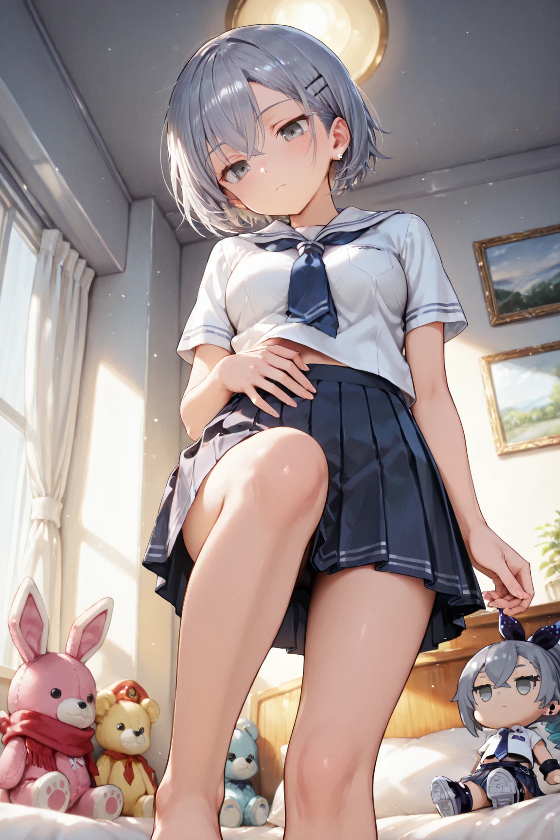 score_9, score_8_up, score_7_up, source_anime, best quality, masterpiece, official art, absurdres, highres, ultra-detailed,waifu2x,Collection: Slice of Life,break,1girl, very short hair, pixie cut, flipped hair, small breasts,school uniform, bra, underwear, sweat, tearing up,black eyes,(nipples:1.2),orgasm face, covering own mouth, (moaning:1.1), clothed masturbation,female masturbation,fingering,pussy juice, pussy fingering, afterglow, sexual climax, sexual tremgling, heavy breathing,motion lines, motion blur,(Detailed Lighting),(Detailed background), sound effects, outdoors, break,(clear line illustration:1.2), super detailed skin,shiny skin,very high resolution, very aesthetic, Best sexual lighting powered by famous artist, 8k, 16k, cute picture,beauty illustration,photoshop_(medium),,best anime 8k konachan wallpaper, pixiv contest winner,uncensored,